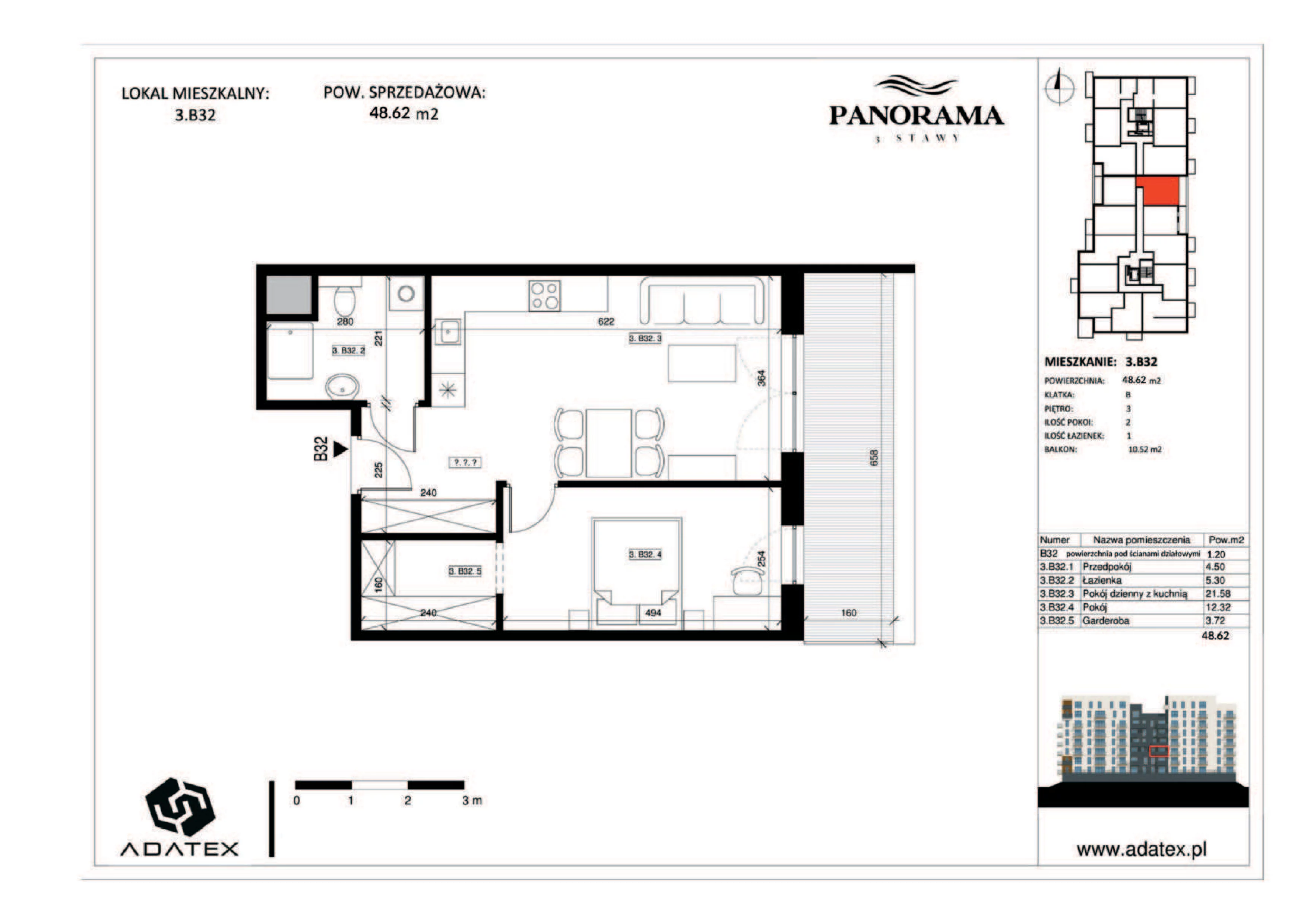 2 pokoje, mieszkanie 48,62 m², piętro 3, oferta nr 3.B32, Panorama 3 Stawy, Katowice, Osiedle Paderewskiego-Muchowiec, Dolina Trzech Stawów, ul. Pułaskiego 23