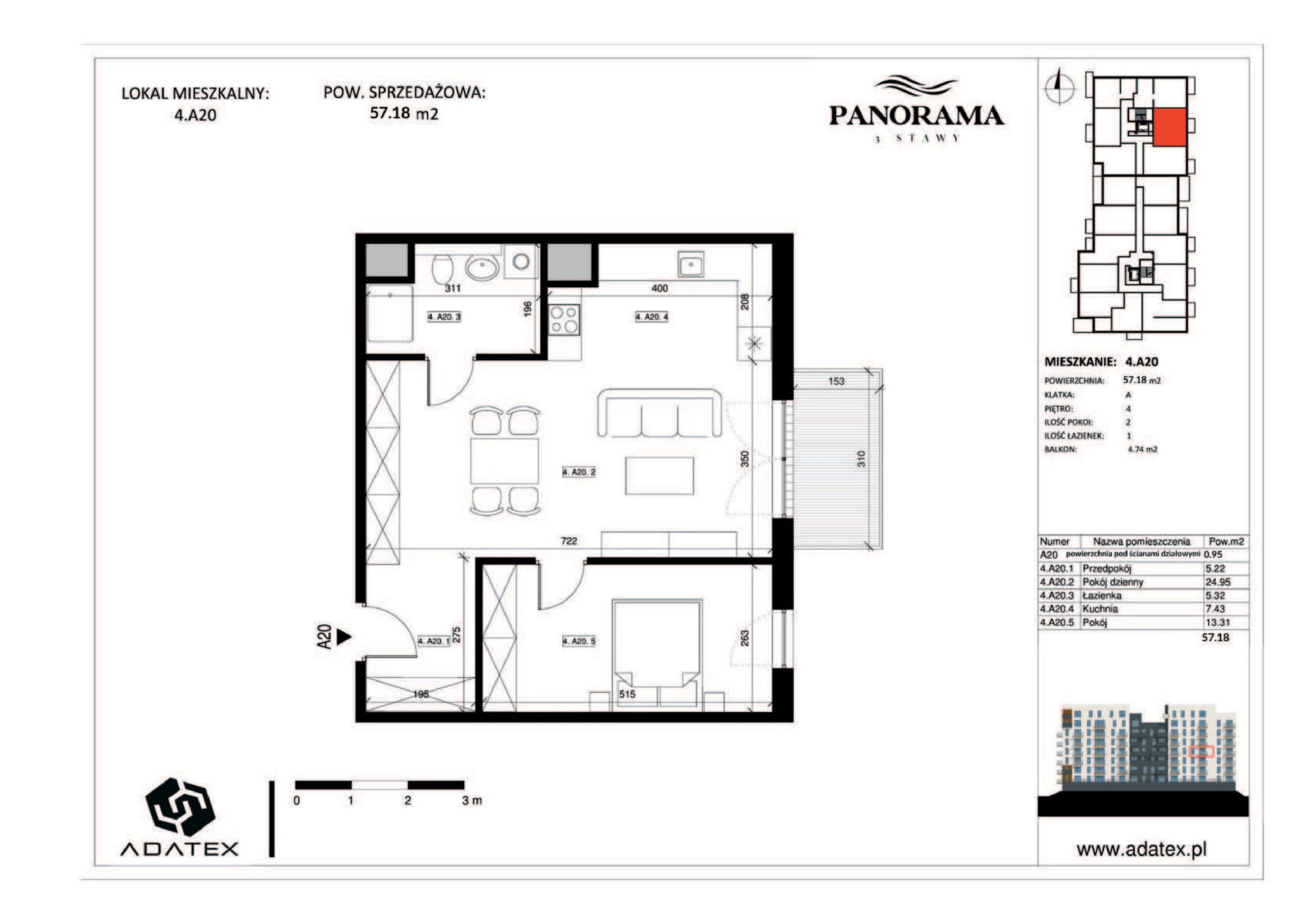 2 pokoje, mieszkanie 57,18 m², piętro 4, oferta nr 4.A20, Panorama 3 Stawy, Katowice, Osiedle Paderewskiego-Muchowiec, Dolina Trzech Stawów, ul. Pułaskiego 23