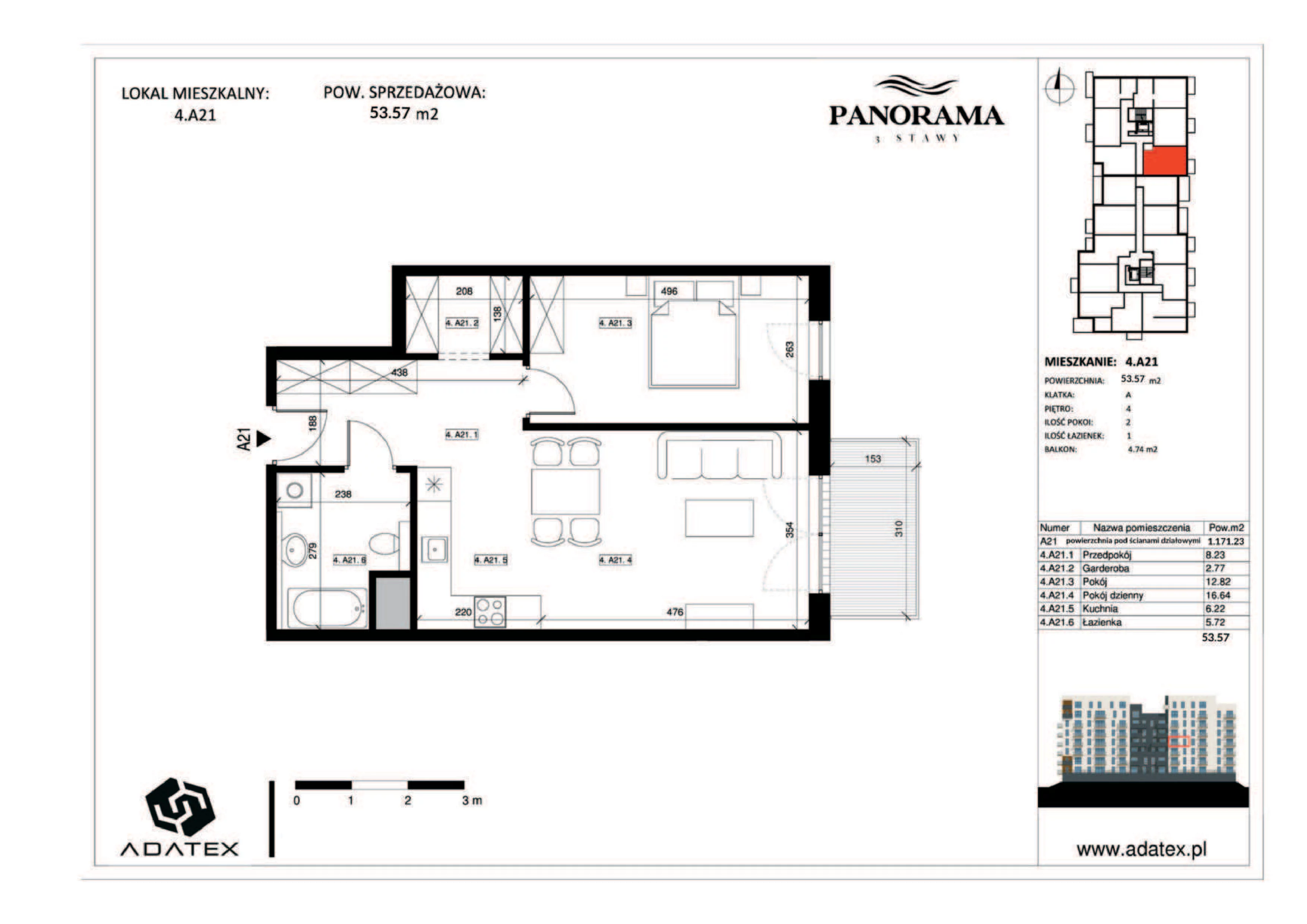 2 pokoje, mieszkanie 53,57 m², piętro 4, oferta nr 4.A21, Panorama 3 Stawy, Katowice, Osiedle Paderewskiego-Muchowiec, Dolina Trzech Stawów, ul. Pułaskiego 23