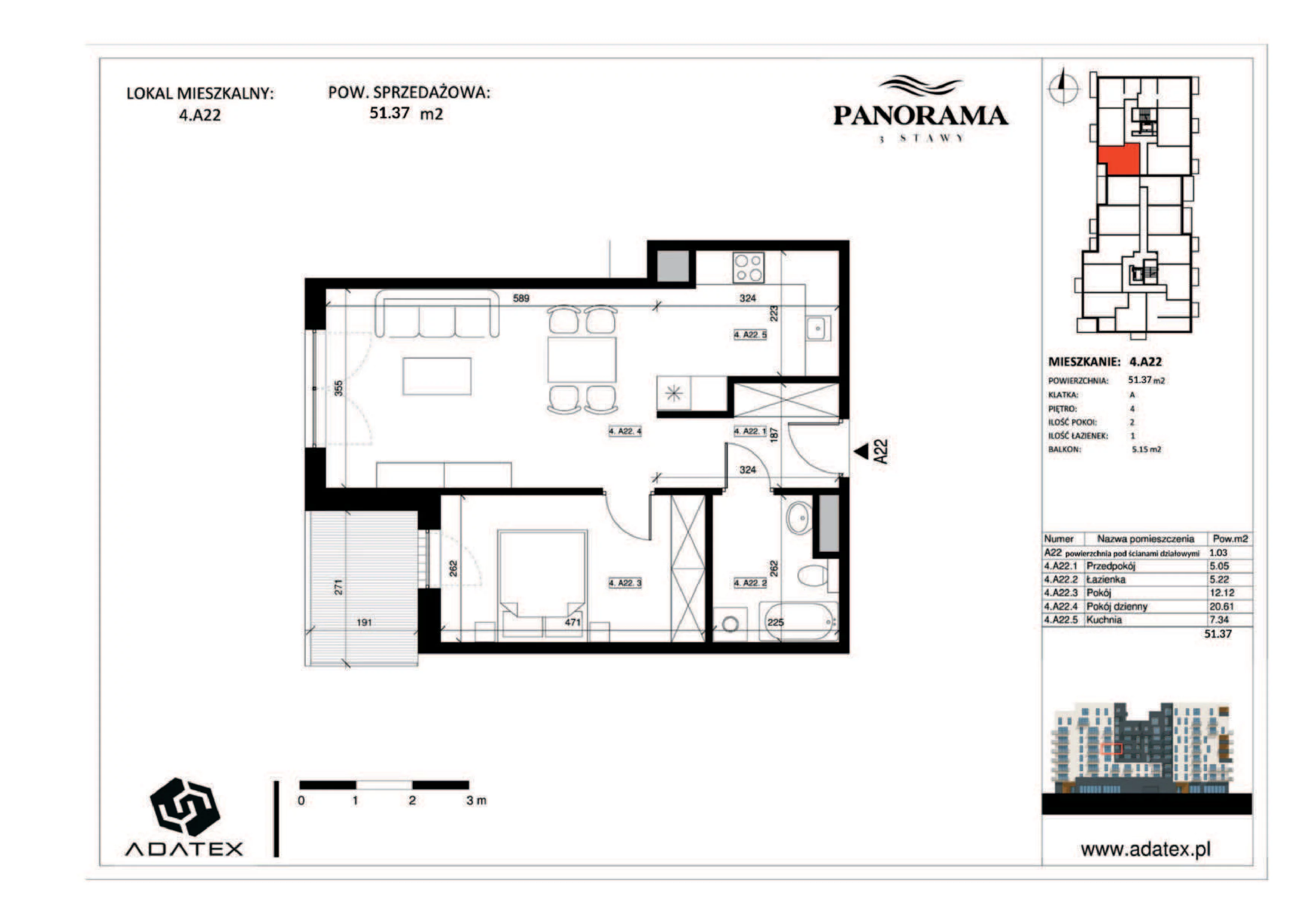 2 pokoje, mieszkanie 51,37 m², piętro 4, oferta nr 4.A22, Panorama 3 Stawy, Katowice, Osiedle Paderewskiego-Muchowiec, Dolina Trzech Stawów, ul. Pułaskiego 23