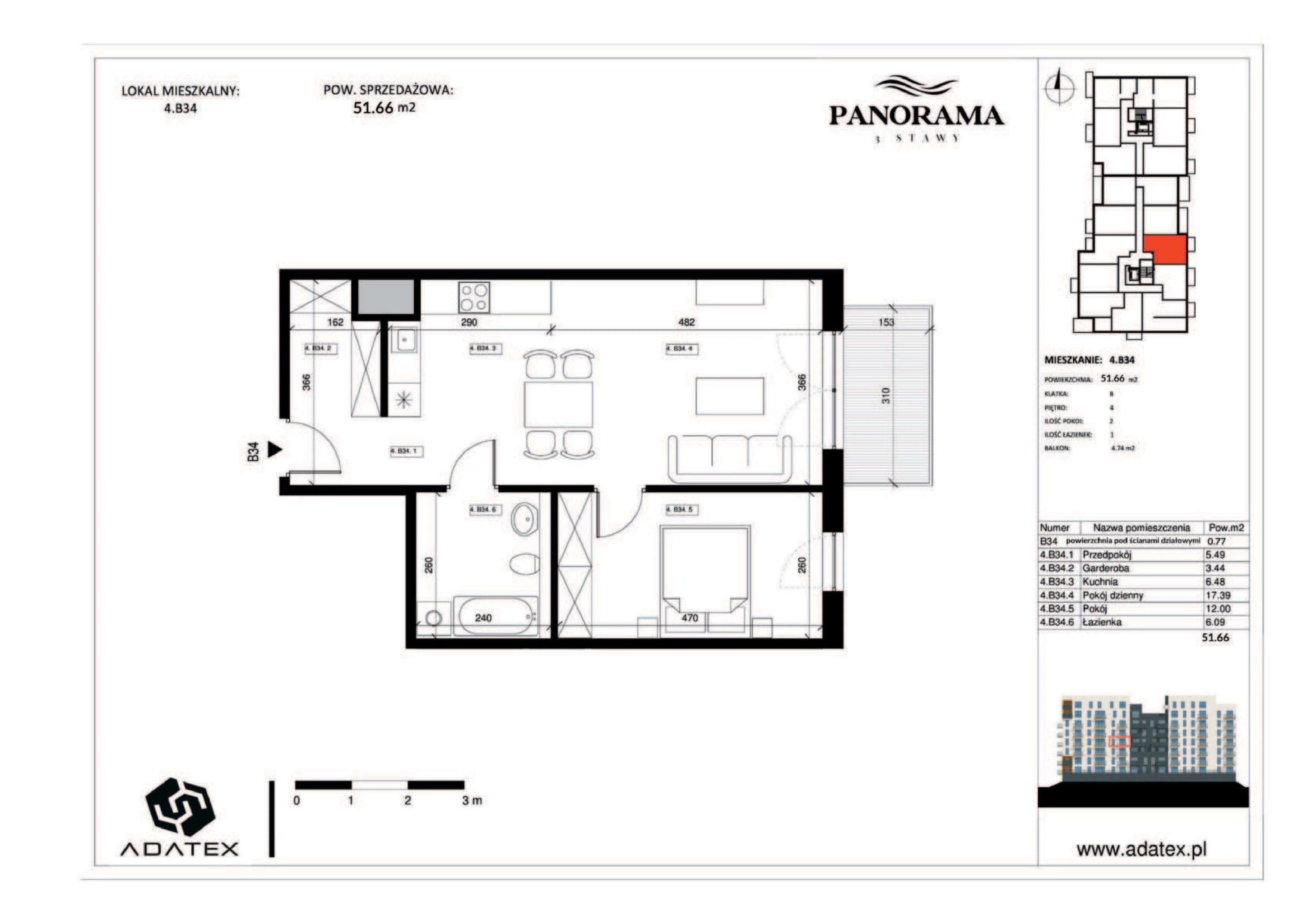 2 pokoje, mieszkanie 51,66 m², piętro 4, oferta nr 4.B34, Panorama 3 Stawy, Katowice, Osiedle Paderewskiego-Muchowiec, Dolina Trzech Stawów, ul. Pułaskiego 23