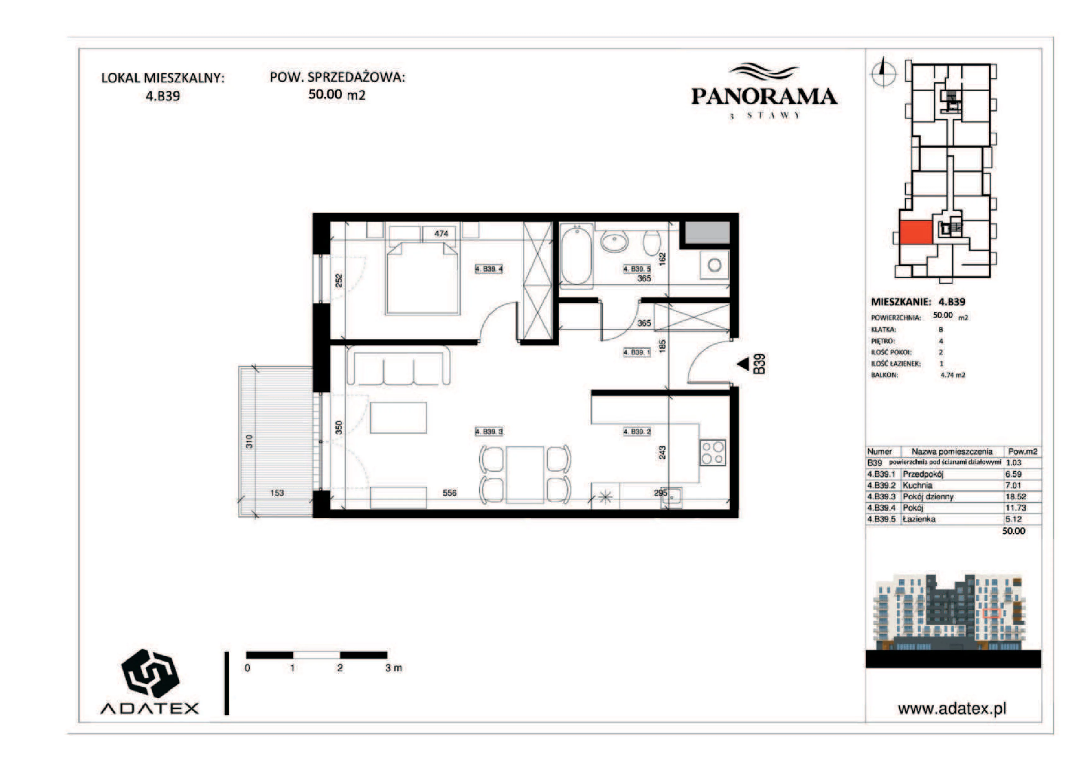 2 pokoje, mieszkanie 50,00 m², piętro 4, oferta nr 4.B39, Panorama 3 Stawy, Katowice, Osiedle Paderewskiego-Muchowiec, Dolina Trzech Stawów, ul. Pułaskiego 23