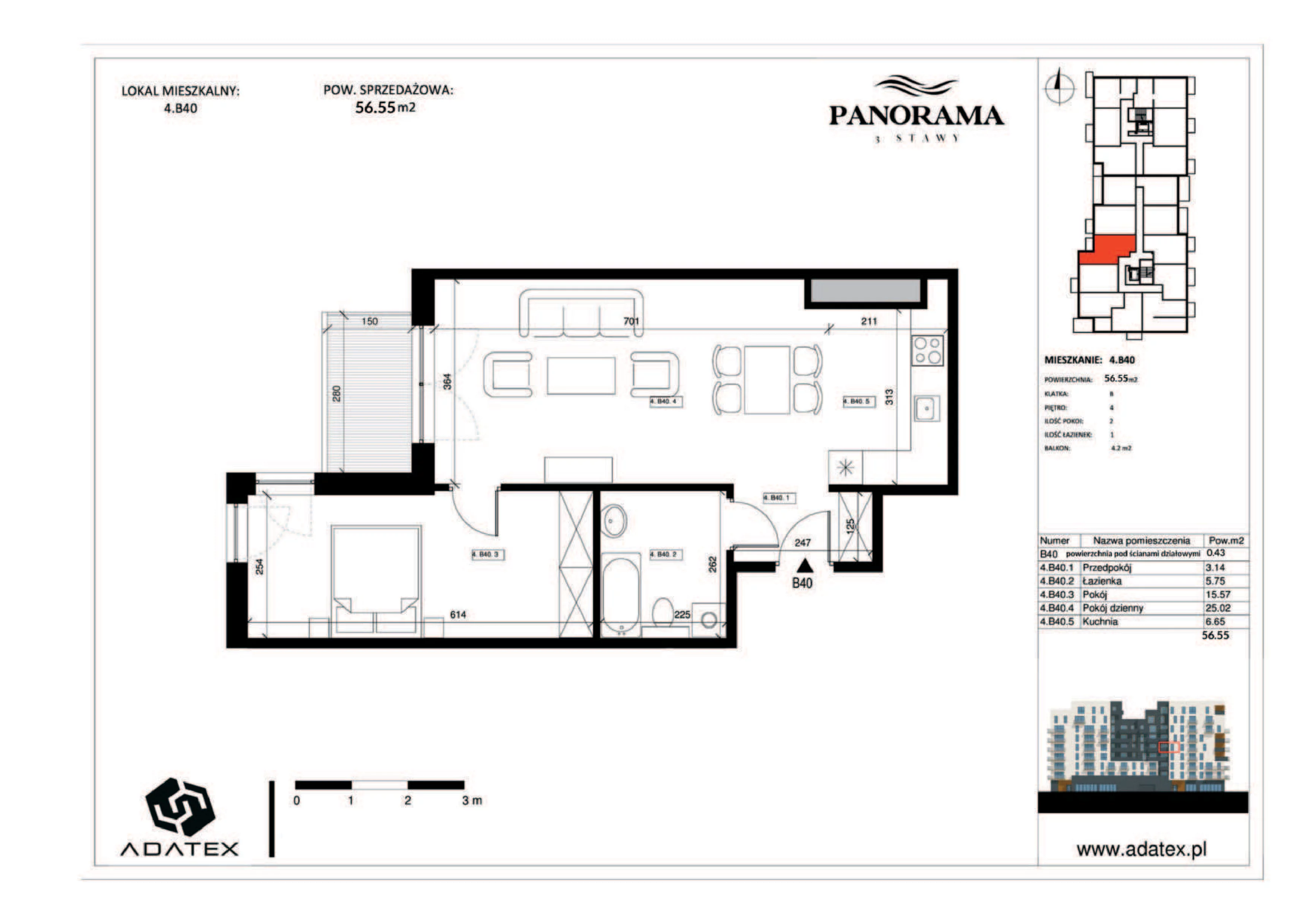 2 pokoje, mieszkanie 56,55 m², piętro 4, oferta nr 4.B40, Panorama 3 Stawy, Katowice, Osiedle Paderewskiego-Muchowiec, Dolina Trzech Stawów, ul. Pułaskiego 23