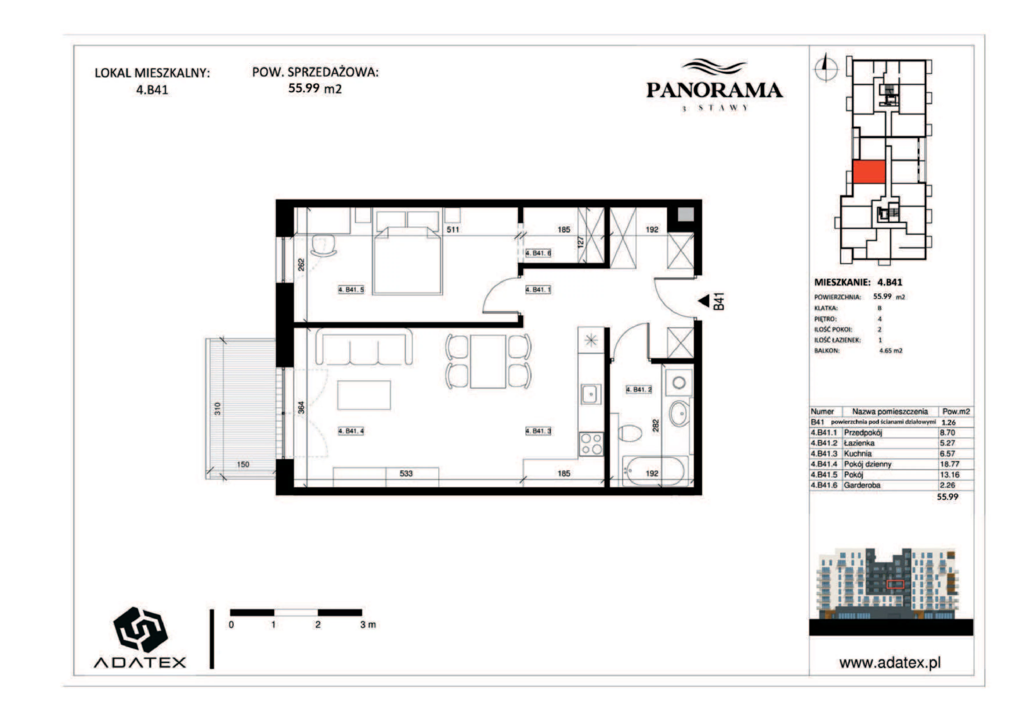 2 pokoje, mieszkanie 55,99 m², piętro 4, oferta nr 4.B41, Panorama 3 Stawy, Katowice, Osiedle Paderewskiego-Muchowiec, Dolina Trzech Stawów, ul. Pułaskiego 23