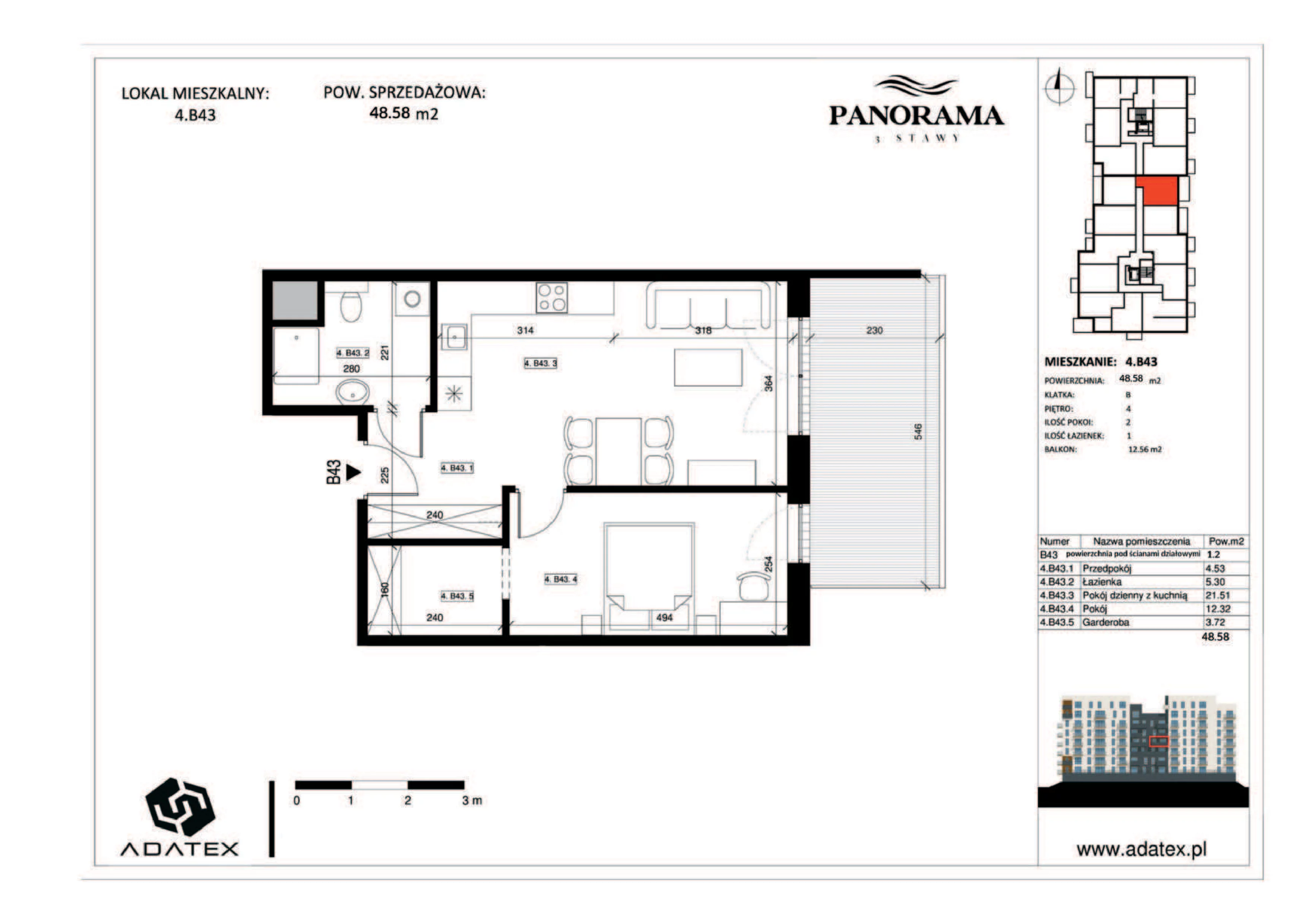 2 pokoje, mieszkanie 48,58 m², piętro 4, oferta nr 4.B43, Panorama 3 Stawy, Katowice, Osiedle Paderewskiego-Muchowiec, Dolina Trzech Stawów, ul. Pułaskiego 23