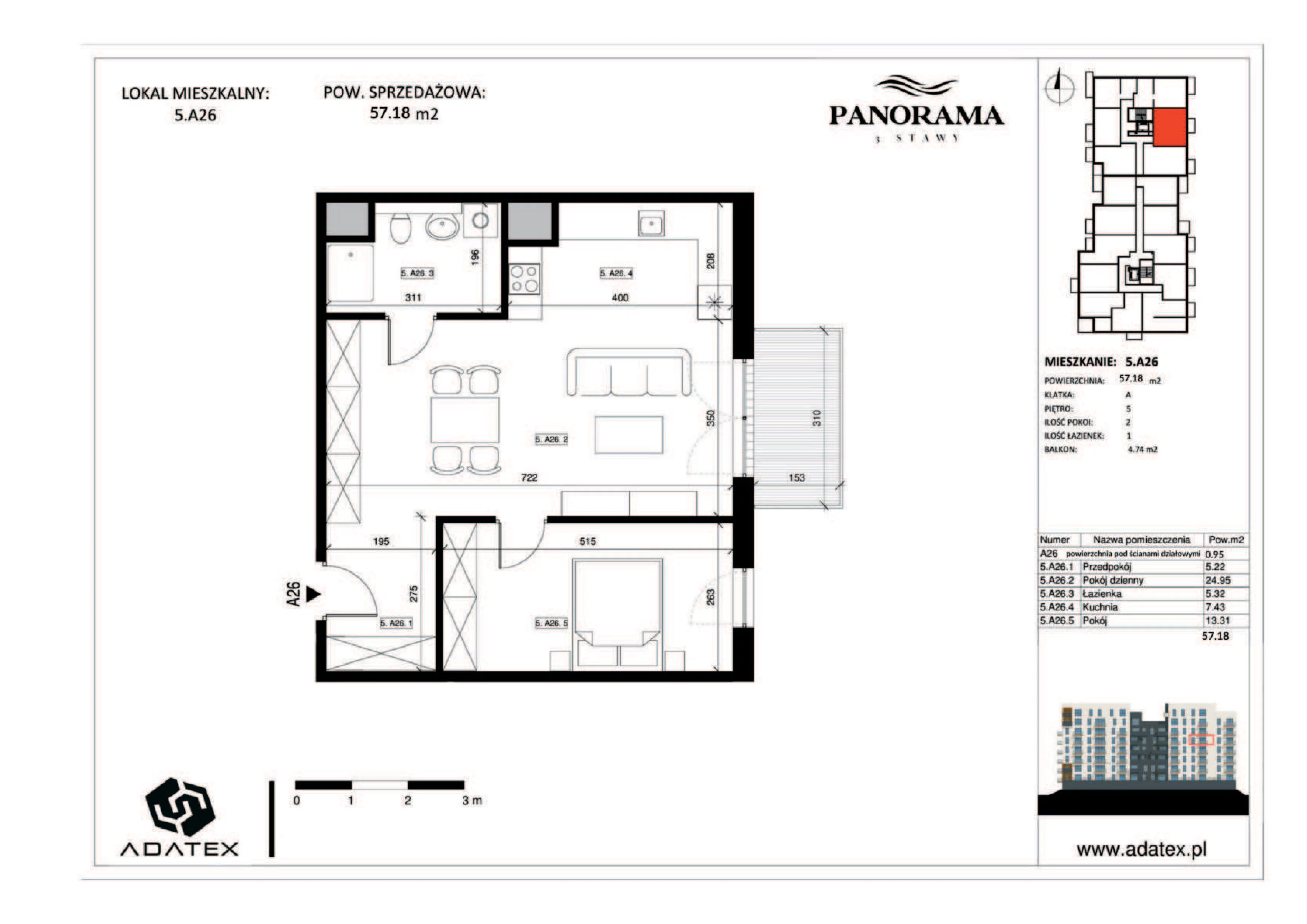 2 pokoje, mieszkanie 57,18 m², piętro 5, oferta nr 5.A26, Panorama 3 Stawy, Katowice, Osiedle Paderewskiego-Muchowiec, Dolina Trzech Stawów, ul. Pułaskiego 23