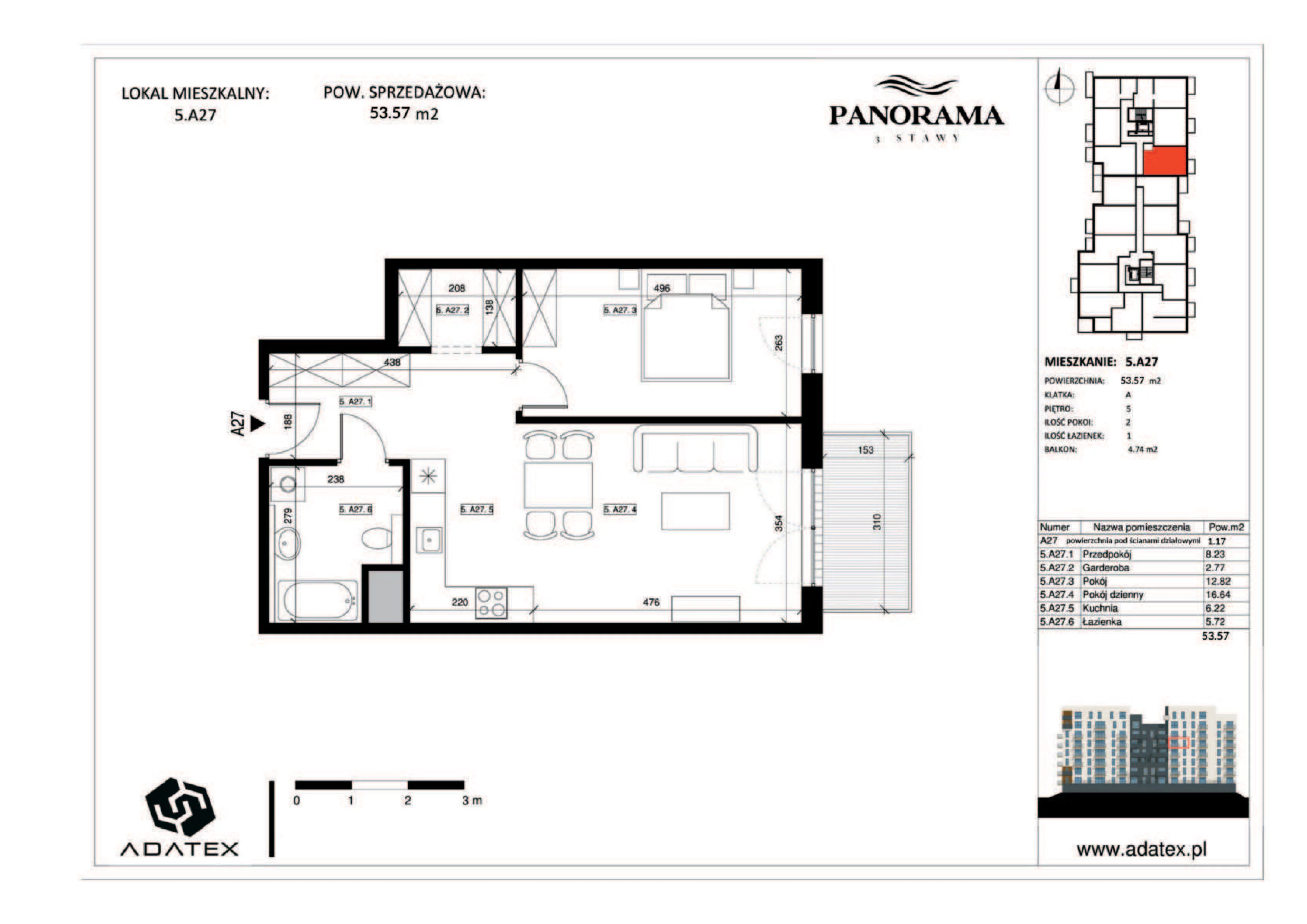 2 pokoje, mieszkanie 53,57 m², piętro 5, oferta nr 5.A27, Panorama 3 Stawy, Katowice, Osiedle Paderewskiego-Muchowiec, Dolina Trzech Stawów, ul. Pułaskiego 23