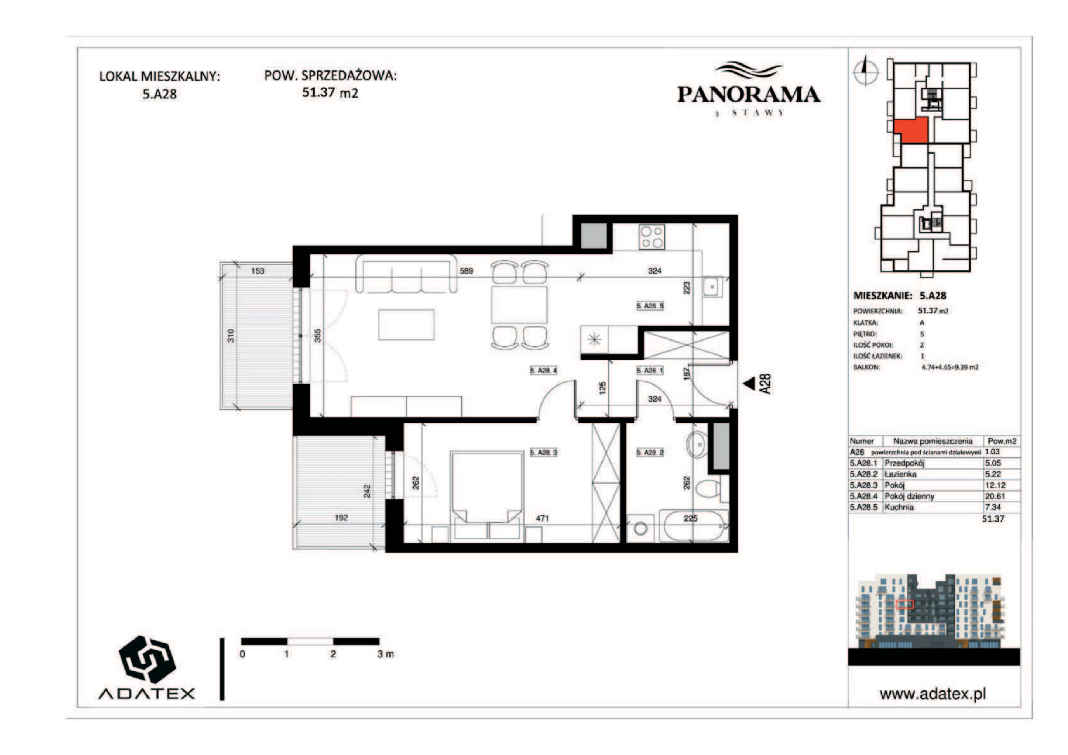 2 pokoje, mieszkanie 51,37 m², piętro 5, oferta nr 5.A28, Panorama 3 Stawy, Katowice, Osiedle Paderewskiego-Muchowiec, Dolina Trzech Stawów, ul. Pułaskiego 23