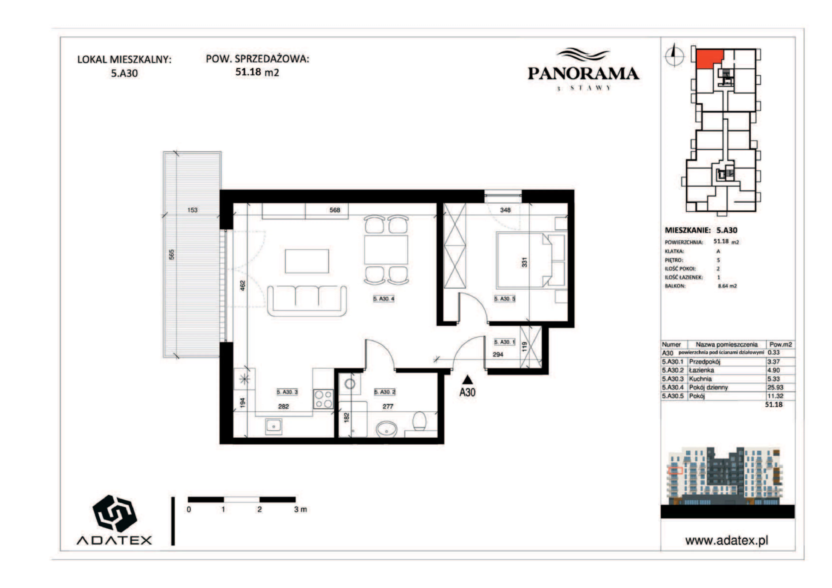 2 pokoje, mieszkanie 51,18 m², piętro 5, oferta nr 5.A30, Panorama 3 Stawy, Katowice, Osiedle Paderewskiego-Muchowiec, Dolina Trzech Stawów, ul. Pułaskiego 23