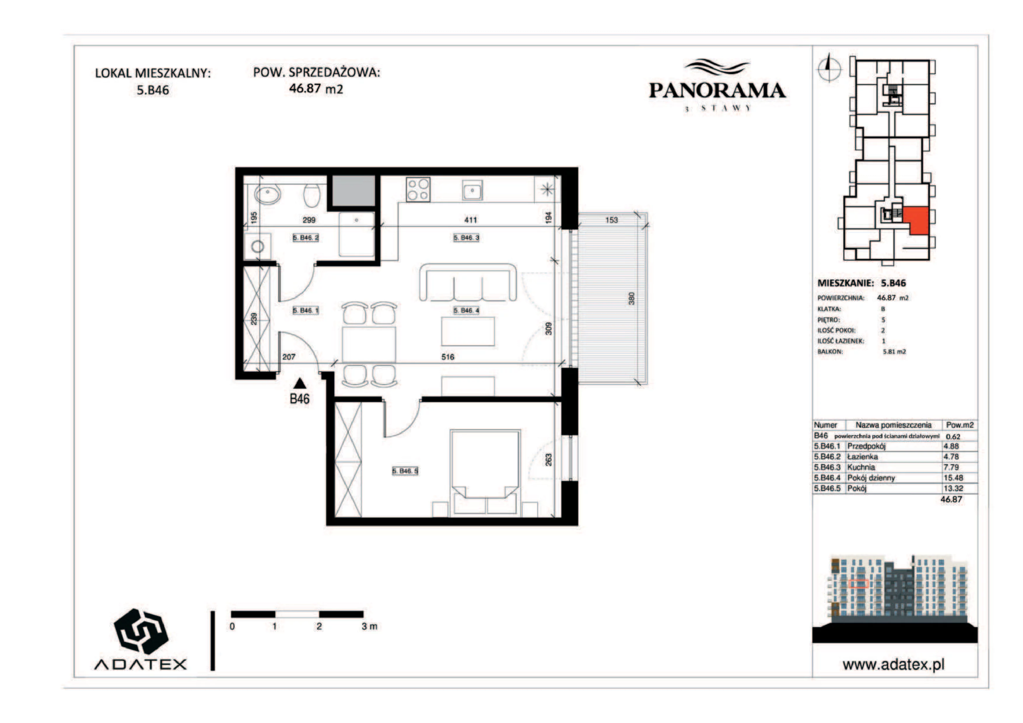 2 pokoje, mieszkanie 46,87 m², piętro 5, oferta nr 5.B46, Panorama 3 Stawy, Katowice, Osiedle Paderewskiego-Muchowiec, Dolina Trzech Stawów, ul. Pułaskiego 23