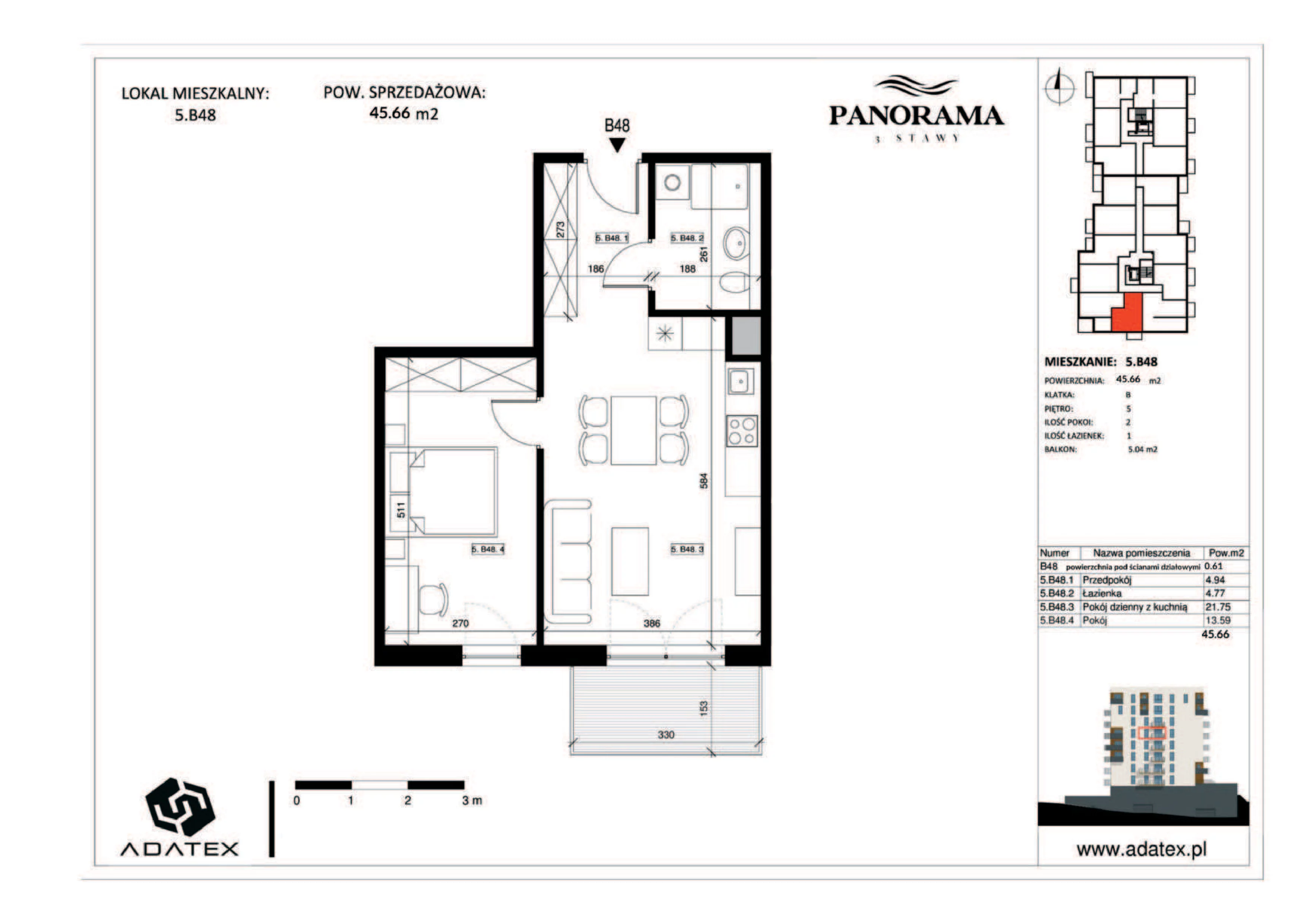 2 pokoje, mieszkanie 45,66 m², piętro 5, oferta nr 5.B48, Panorama 3 Stawy, Katowice, Osiedle Paderewskiego-Muchowiec, Dolina Trzech Stawów, ul. Pułaskiego 23