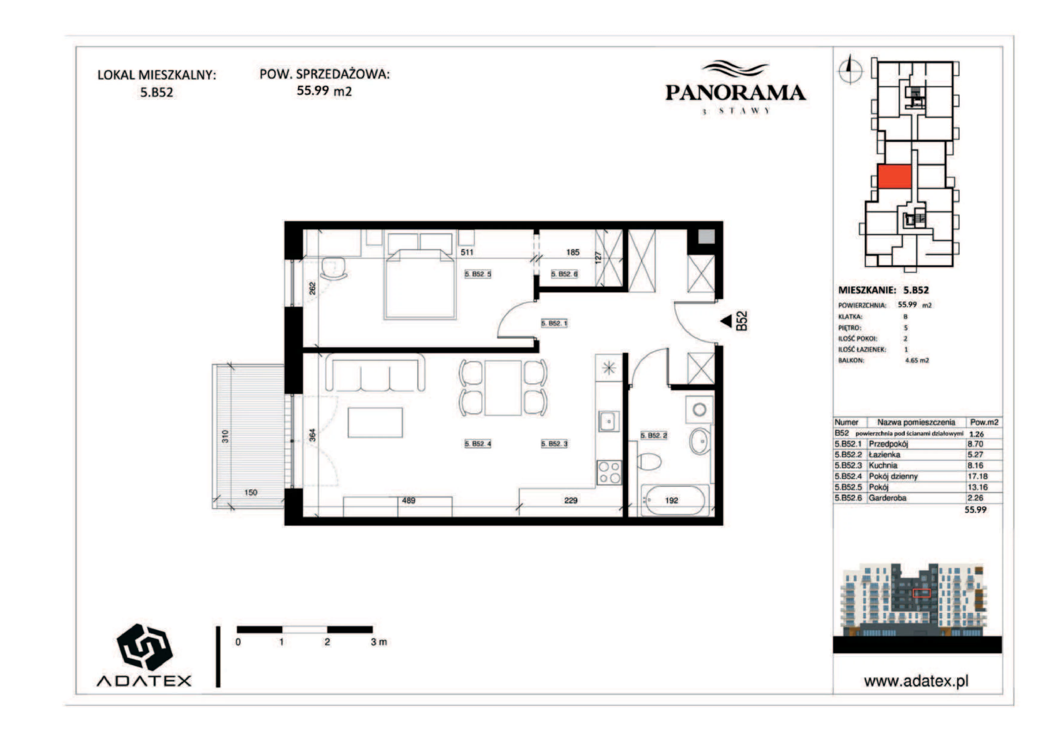 2 pokoje, mieszkanie 55,99 m², piętro 5, oferta nr 5.B52, Panorama 3 Stawy, Katowice, Osiedle Paderewskiego-Muchowiec, Dolina Trzech Stawów, ul. Pułaskiego 23