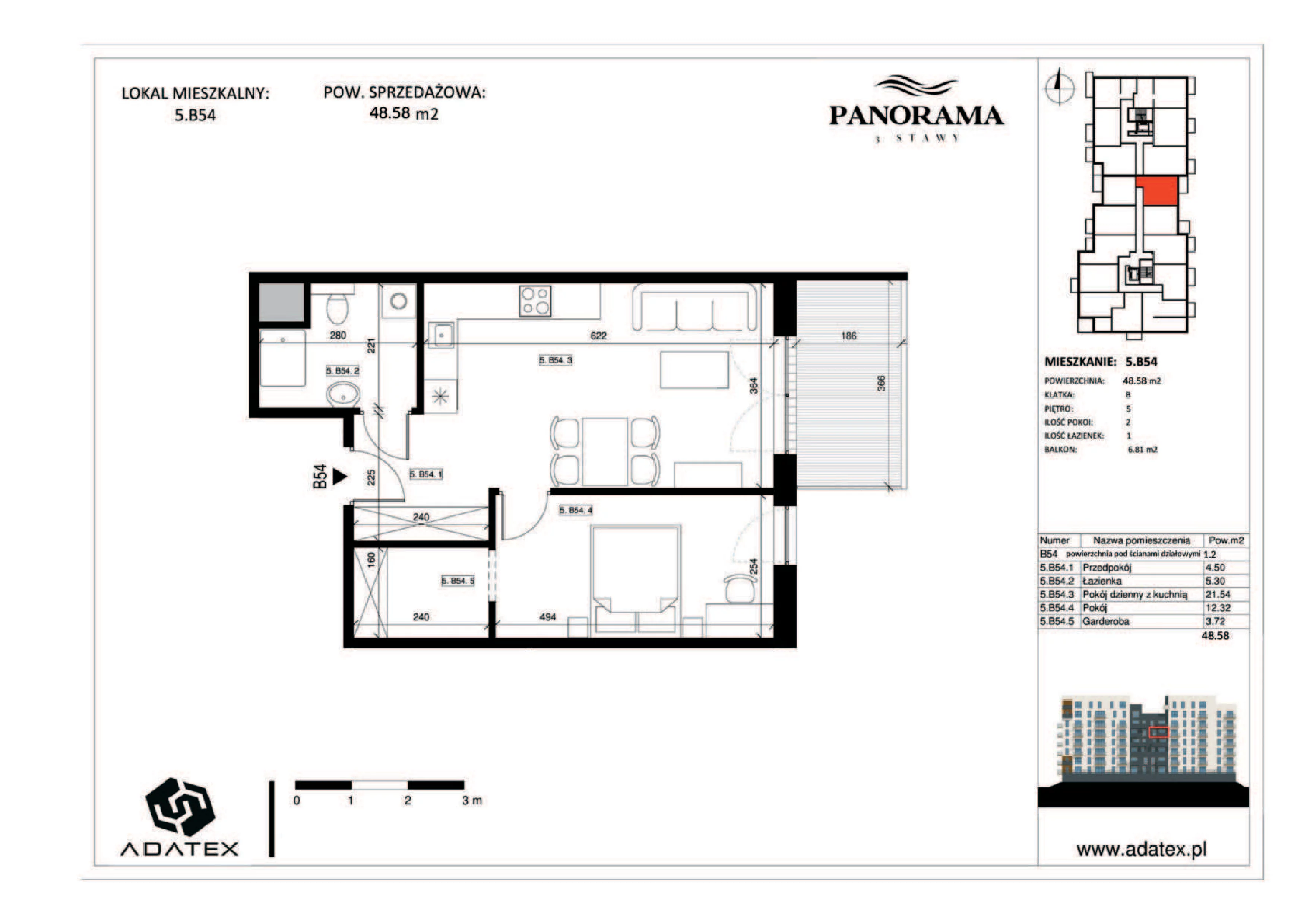 2 pokoje, mieszkanie 48,58 m², piętro 5, oferta nr 5.B54, Panorama 3 Stawy, Katowice, Osiedle Paderewskiego-Muchowiec, Dolina Trzech Stawów, ul. Pułaskiego 23