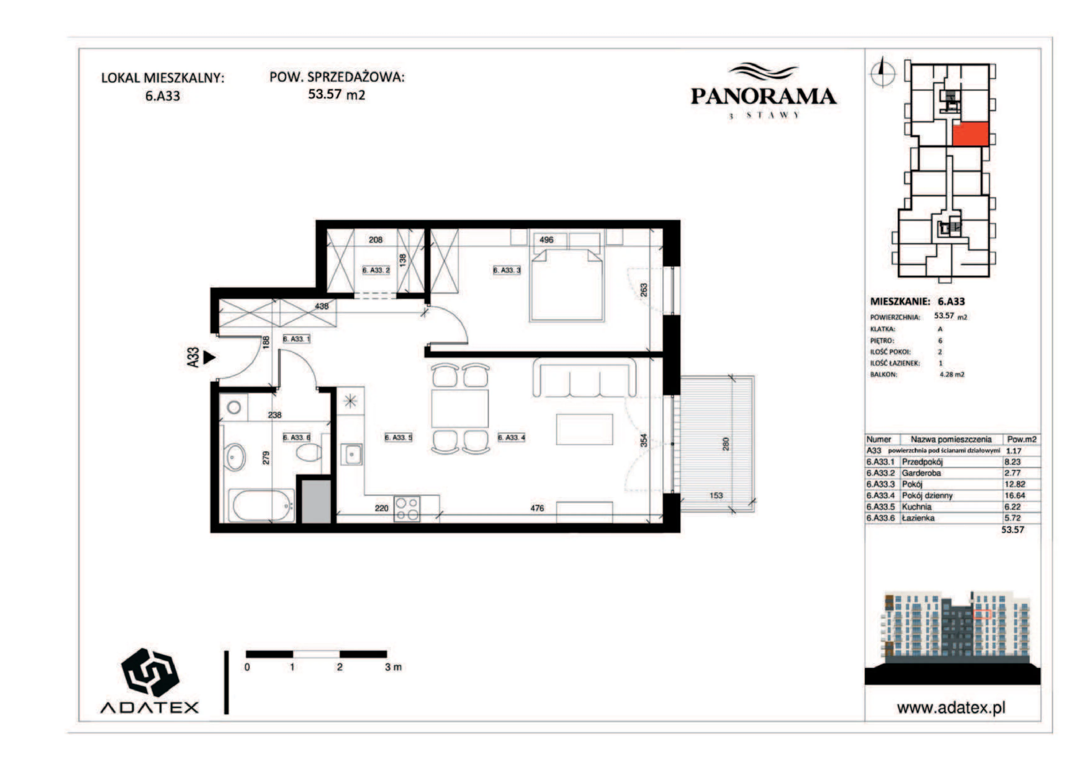 2 pokoje, mieszkanie 53,57 m², piętro 6, oferta nr 6.A33, Panorama 3 Stawy, Katowice, Osiedle Paderewskiego-Muchowiec, Dolina Trzech Stawów, ul. Pułaskiego 23