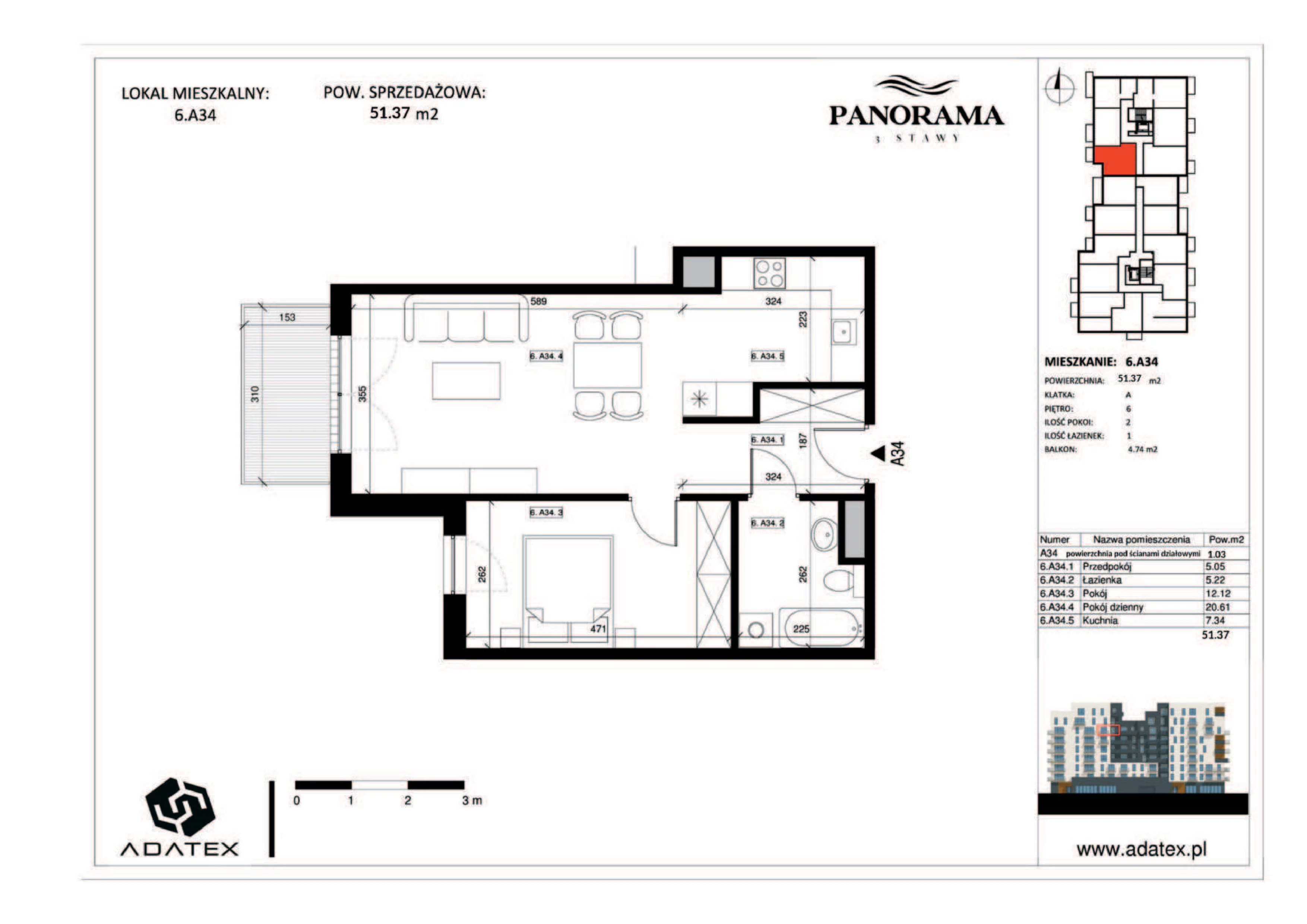 2 pokoje, mieszkanie 51,37 m², piętro 6, oferta nr 6.A34, Panorama 3 Stawy, Katowice, Osiedle Paderewskiego-Muchowiec, Dolina Trzech Stawów, ul. Pułaskiego 23