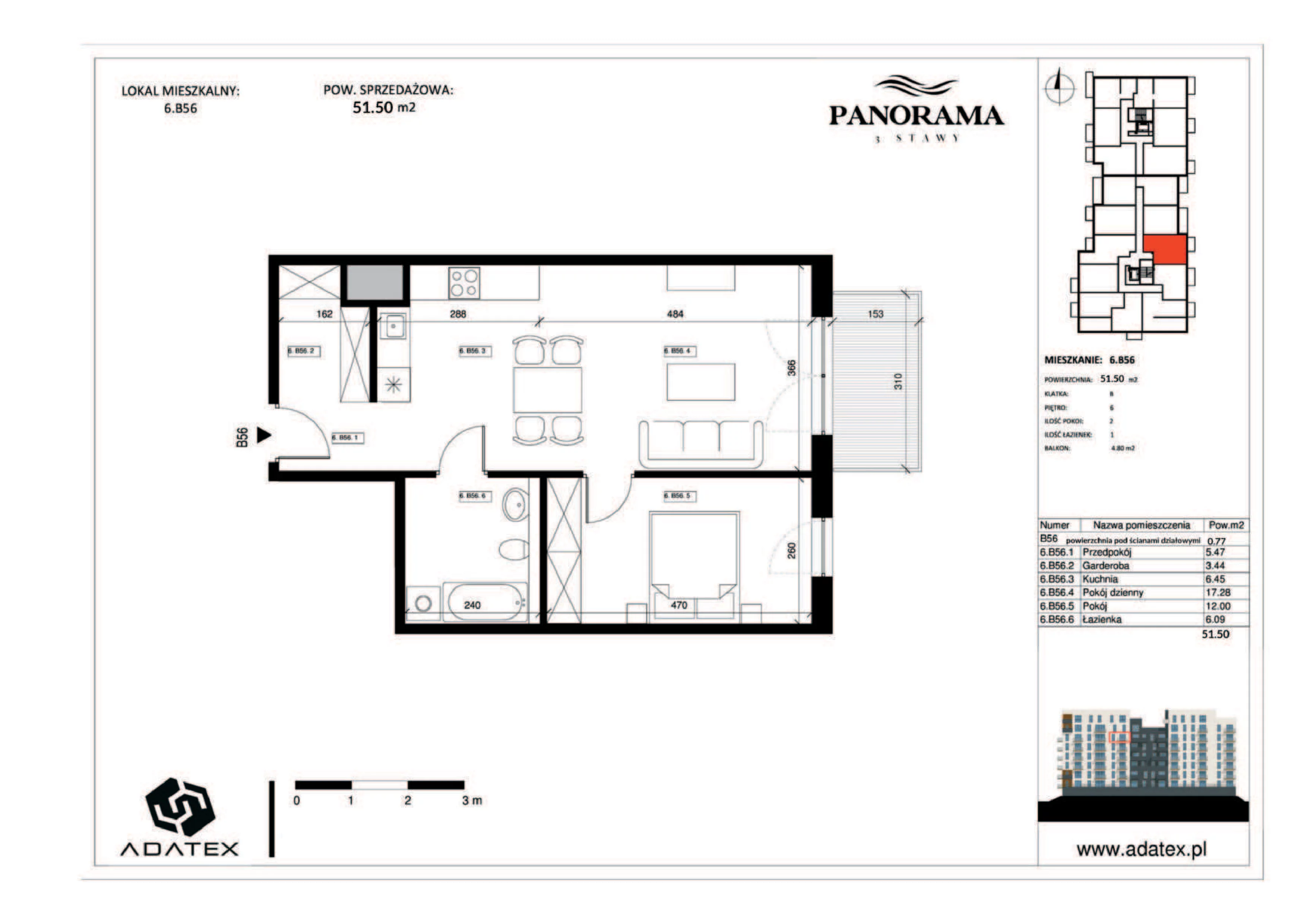 2 pokoje, mieszkanie 51,50 m², piętro 6, oferta nr 6.B56, Panorama 3 Stawy, Katowice, Osiedle Paderewskiego-Muchowiec, Dolina Trzech Stawów, ul. Pułaskiego 23