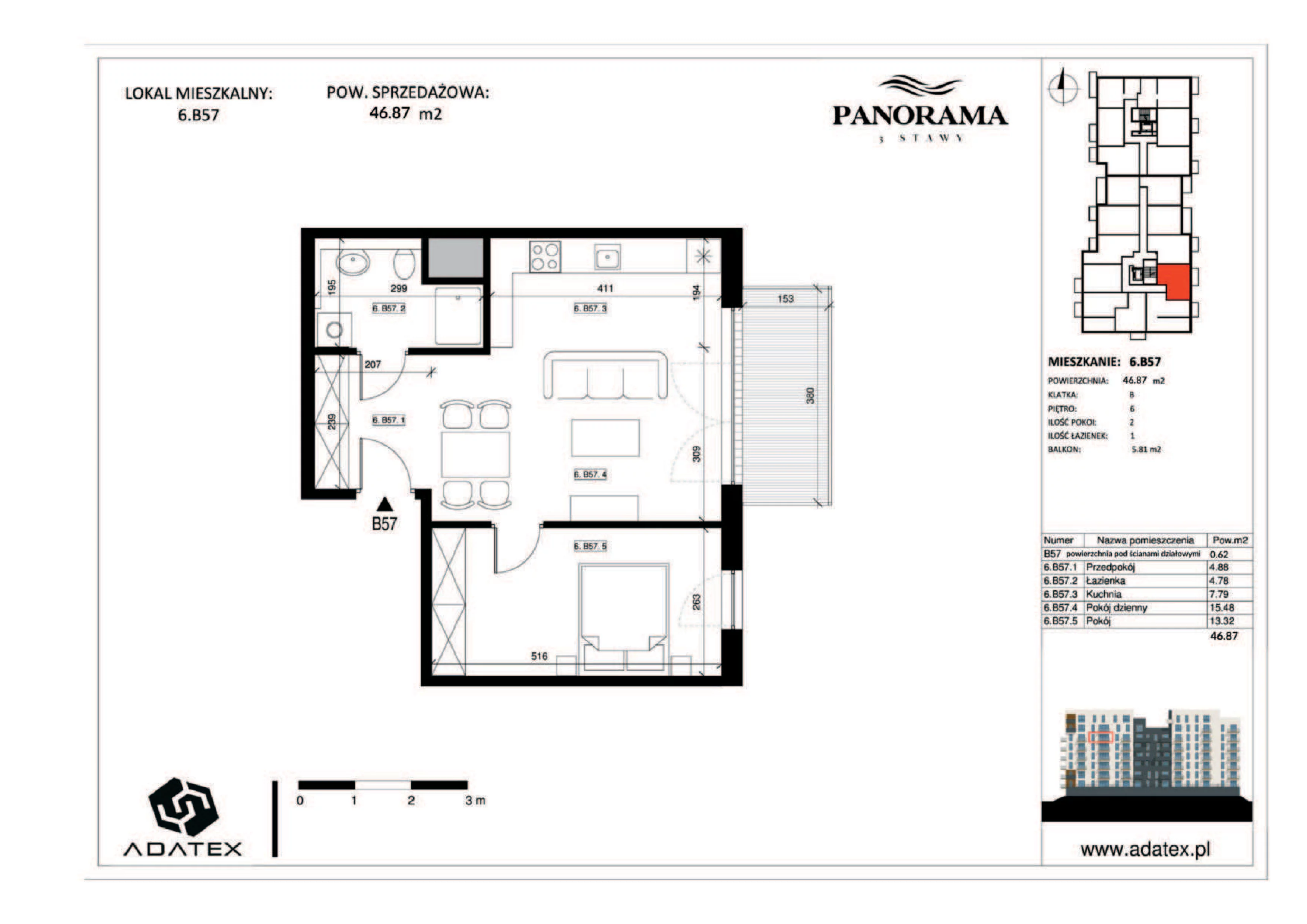 2 pokoje, mieszkanie 46,87 m², piętro 6, oferta nr 6.B57, Panorama 3 Stawy, Katowice, Osiedle Paderewskiego-Muchowiec, Dolina Trzech Stawów, ul. Pułaskiego 23