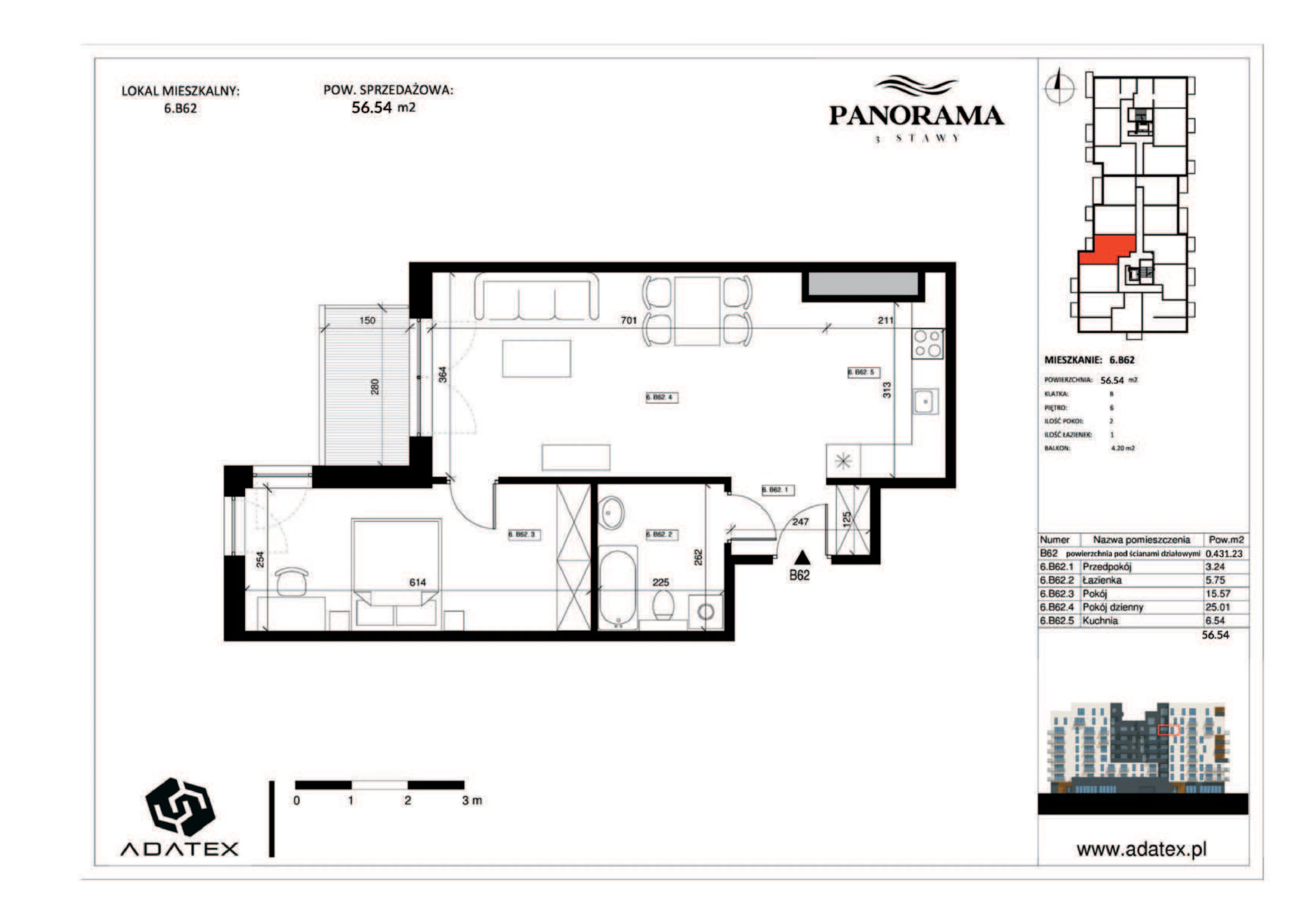 2 pokoje, mieszkanie 56,54 m², piętro 6, oferta nr 6.B62, Panorama 3 Stawy, Katowice, Osiedle Paderewskiego-Muchowiec, Dolina Trzech Stawów, ul. Pułaskiego 23