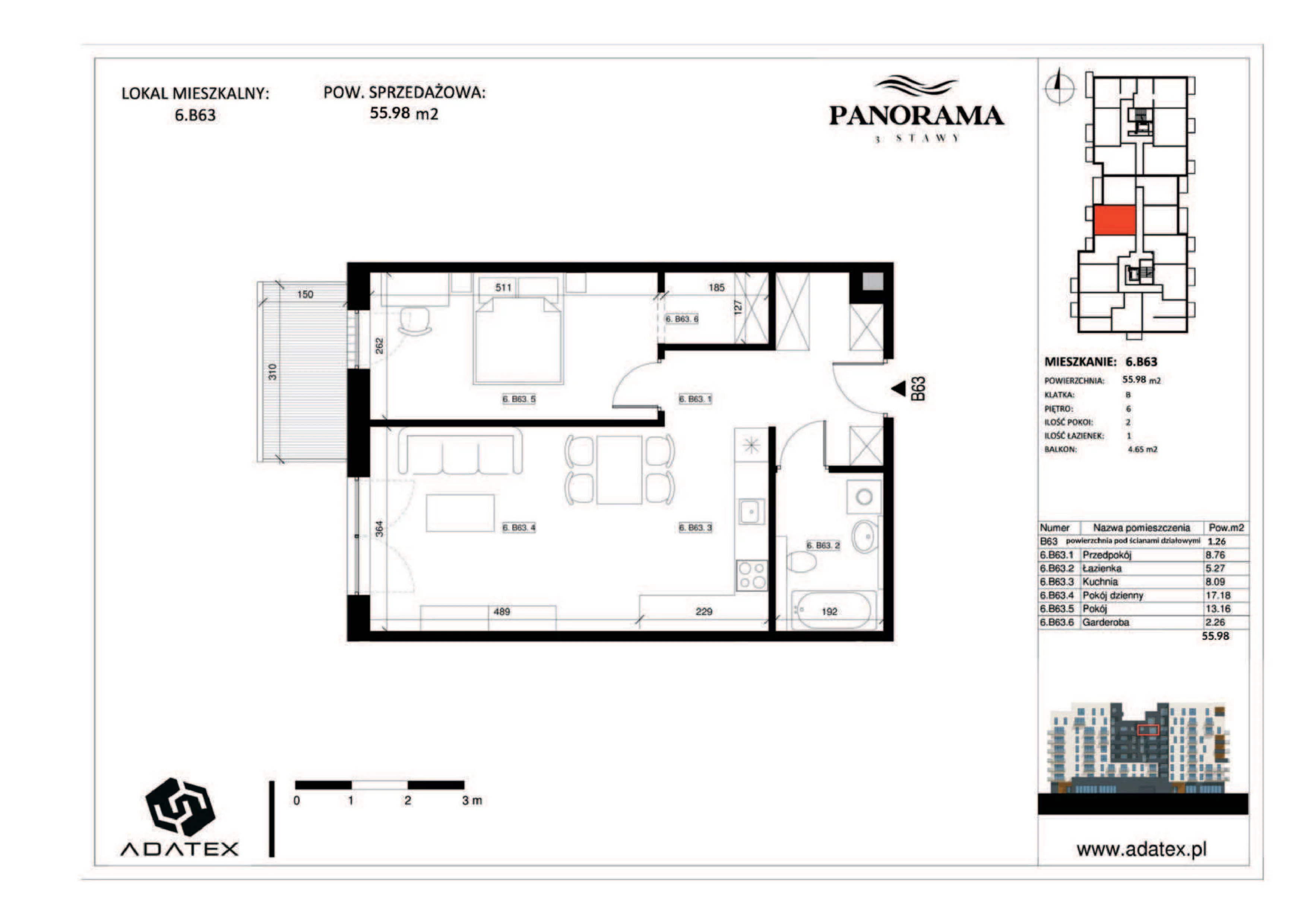 2 pokoje, mieszkanie 55,98 m², piętro 6, oferta nr 6.B63, Panorama 3 Stawy, Katowice, Osiedle Paderewskiego-Muchowiec, Dolina Trzech Stawów, ul. Pułaskiego 23