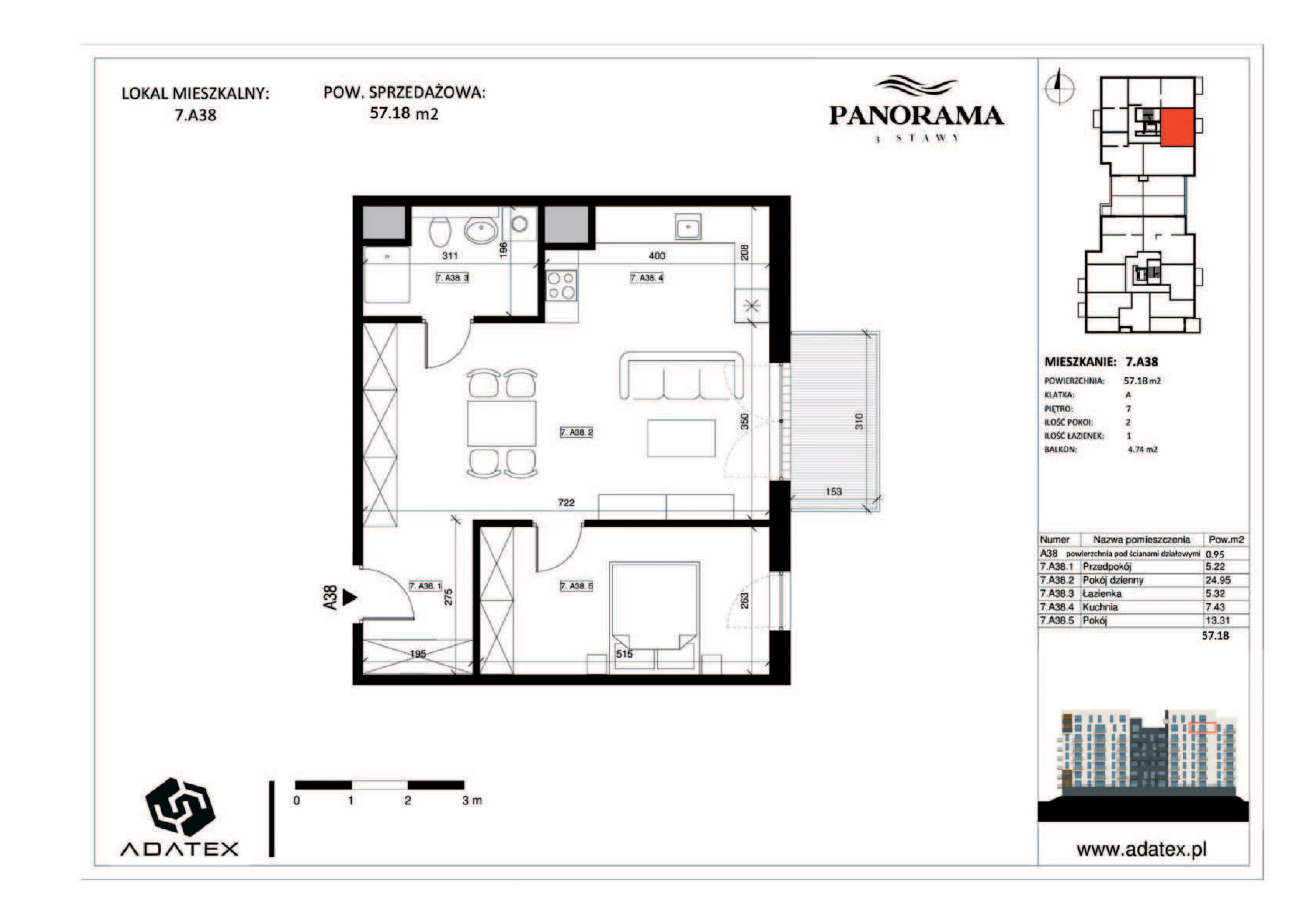 2 pokoje, mieszkanie 57,18 m², piętro 7, oferta nr 7.A38, Panorama 3 Stawy, Katowice, Osiedle Paderewskiego-Muchowiec, Dolina Trzech Stawów, ul. Pułaskiego 23