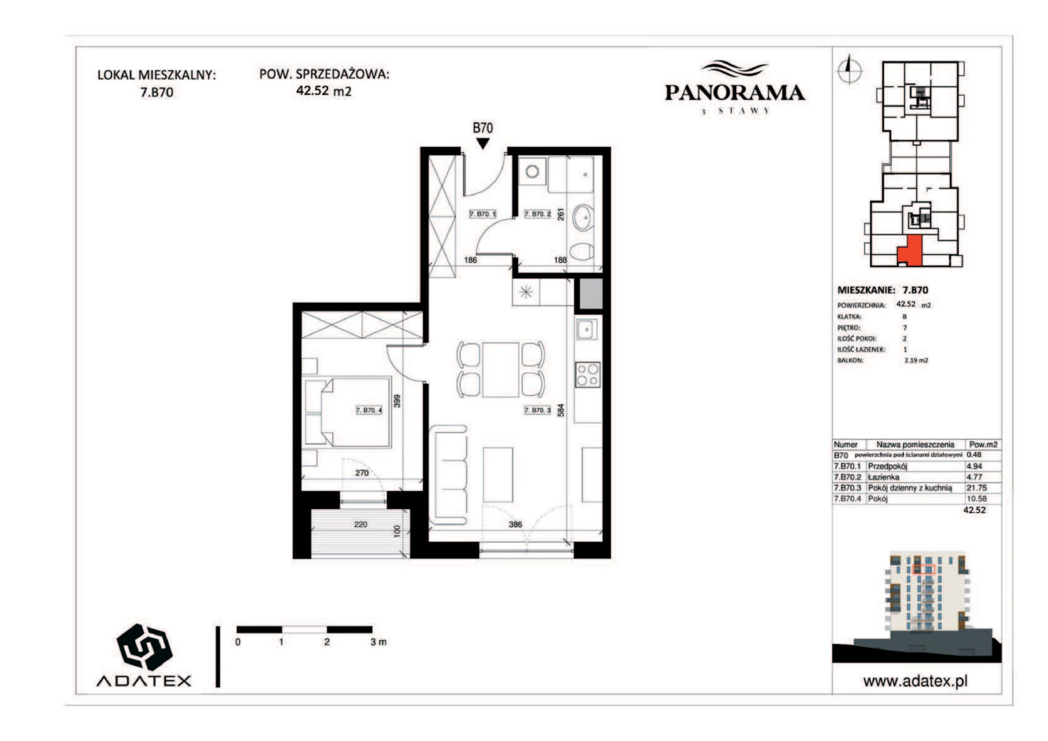 2 pokoje, mieszkanie 42,52 m², piętro 7, oferta nr 7.B70, Panorama 3 Stawy, Katowice, Osiedle Paderewskiego-Muchowiec, Dolina Trzech Stawów, ul. Pułaskiego 23