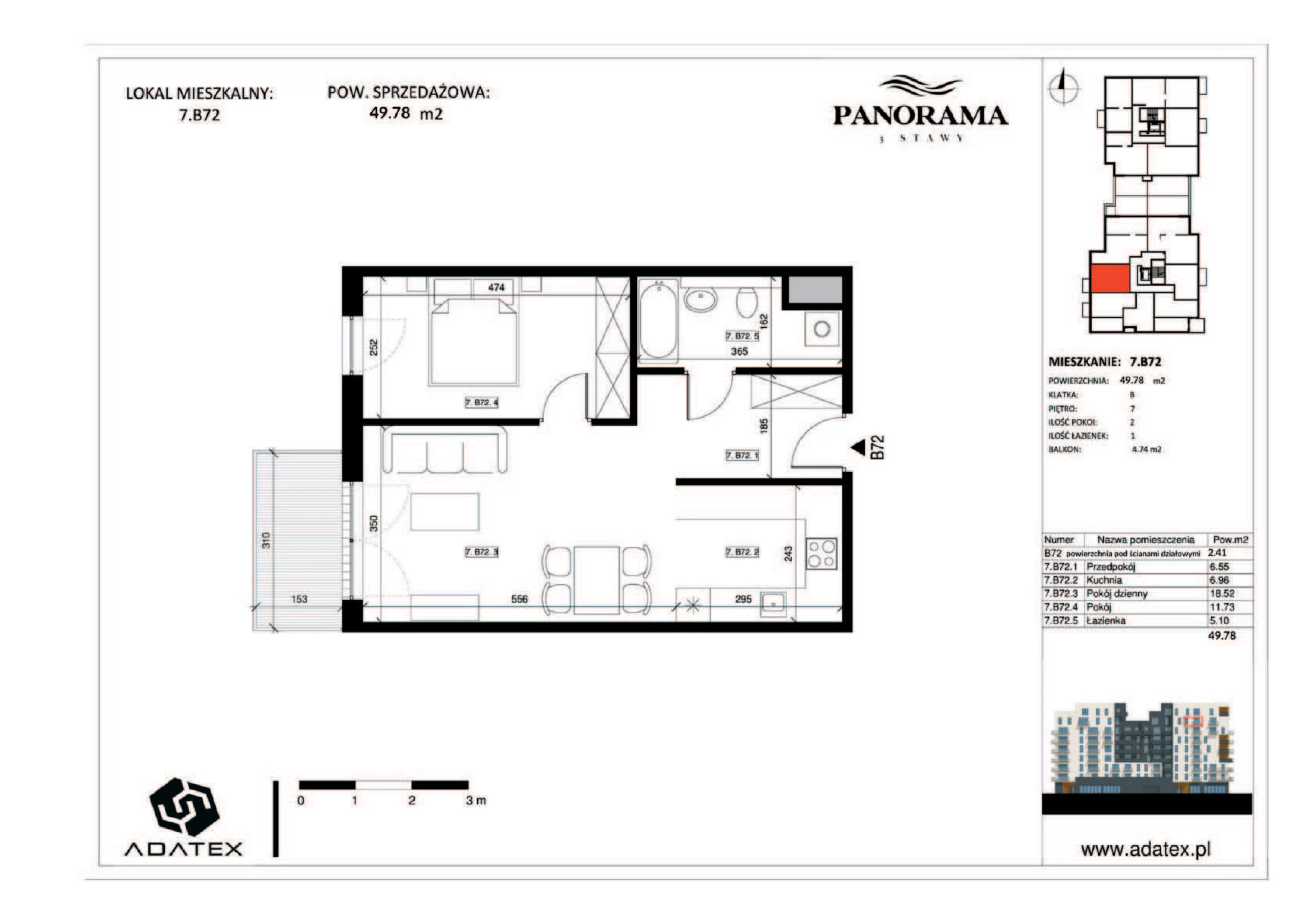 2 pokoje, mieszkanie 49,78 m², piętro 7, oferta nr 7.B72, Panorama 3 Stawy, Katowice, Osiedle Paderewskiego-Muchowiec, Dolina Trzech Stawów, ul. Pułaskiego 23