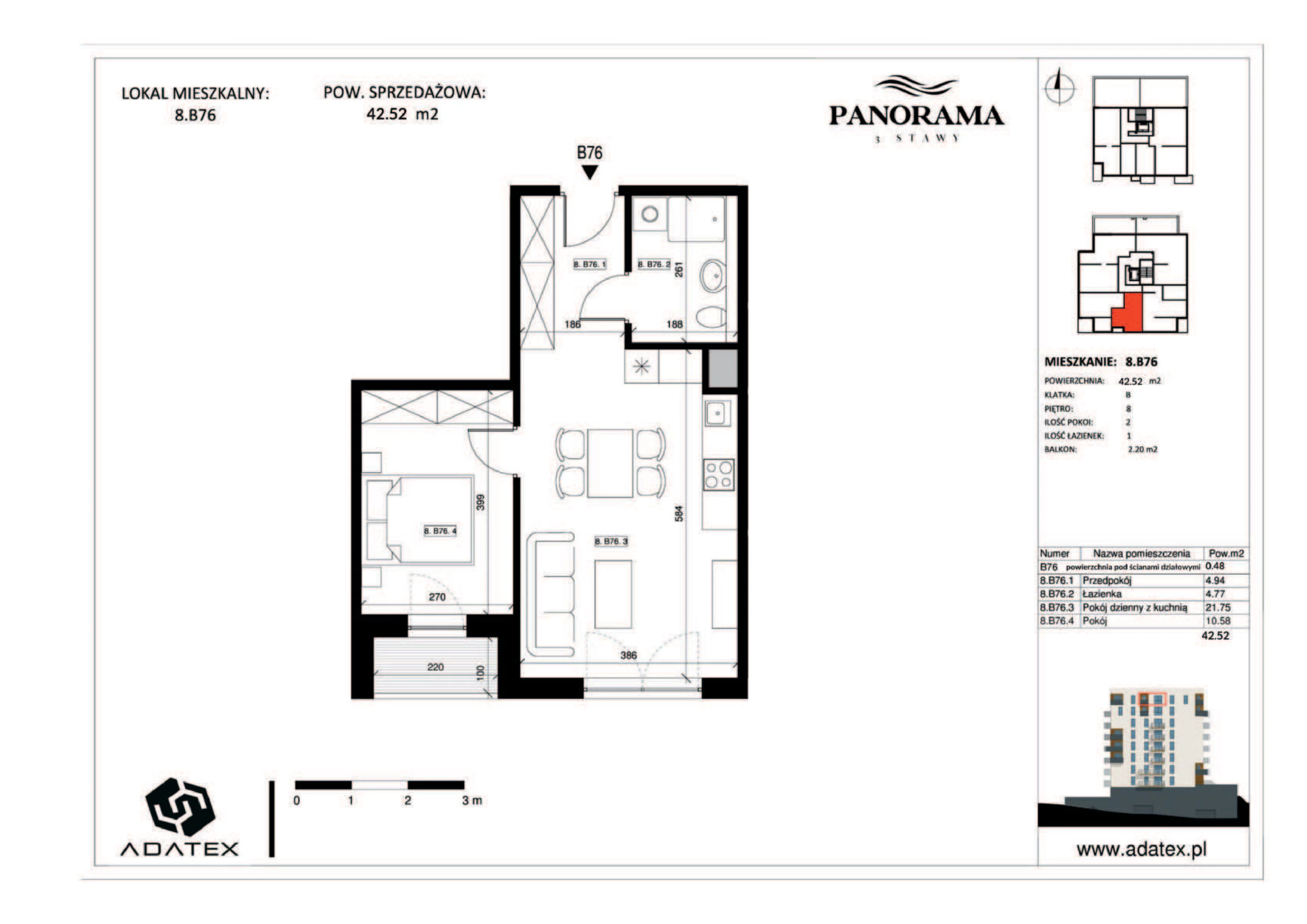 2 pokoje, mieszkanie 42,52 m², piętro 8, oferta nr 8.B76, Panorama 3 Stawy, Katowice, Osiedle Paderewskiego-Muchowiec, Dolina Trzech Stawów, ul. Pułaskiego 23