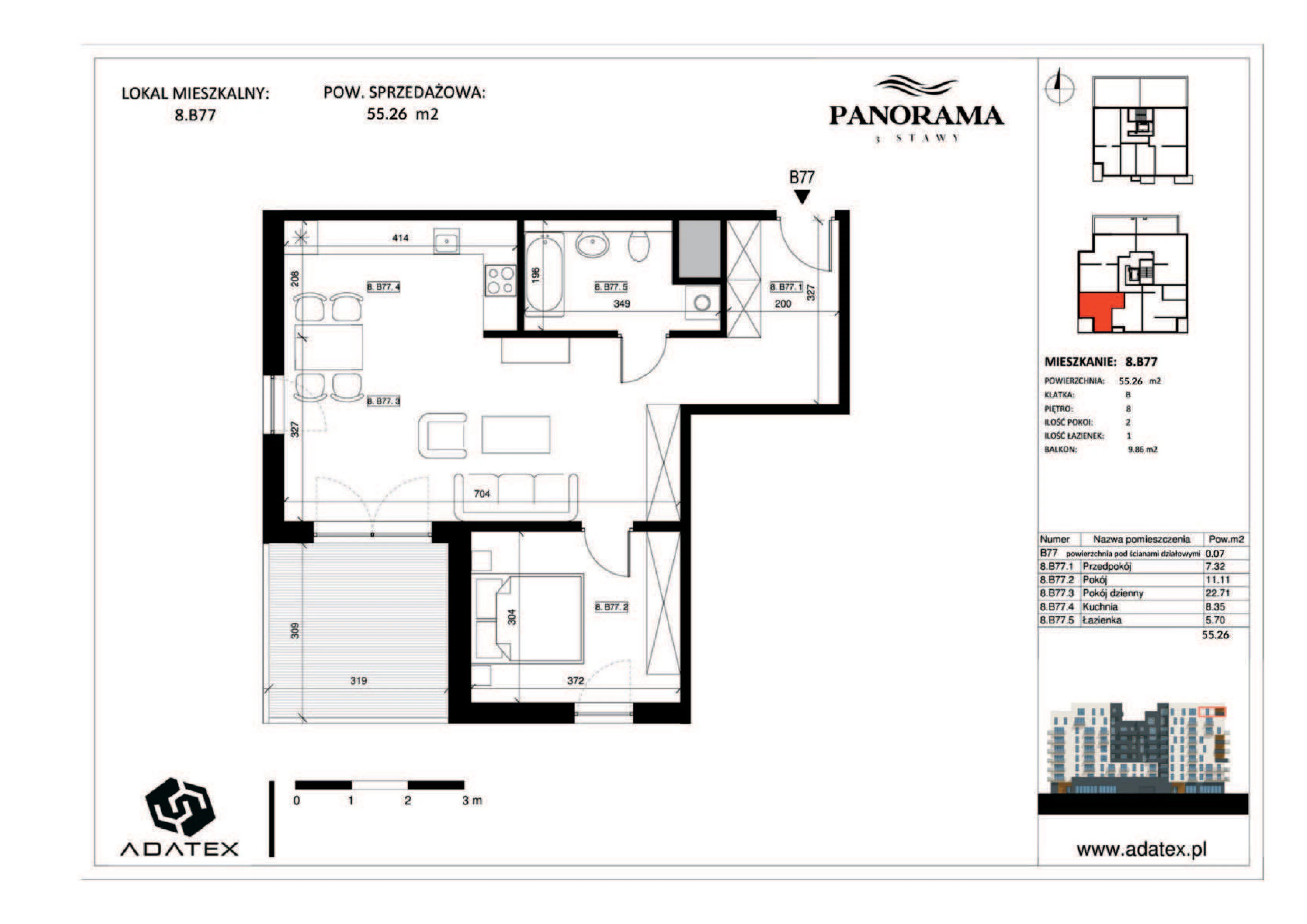 2 pokoje, mieszkanie 55,26 m², piętro 8, oferta nr 8.B77, Panorama 3 Stawy, Katowice, Osiedle Paderewskiego-Muchowiec, Dolina Trzech Stawów, ul. Pułaskiego 23