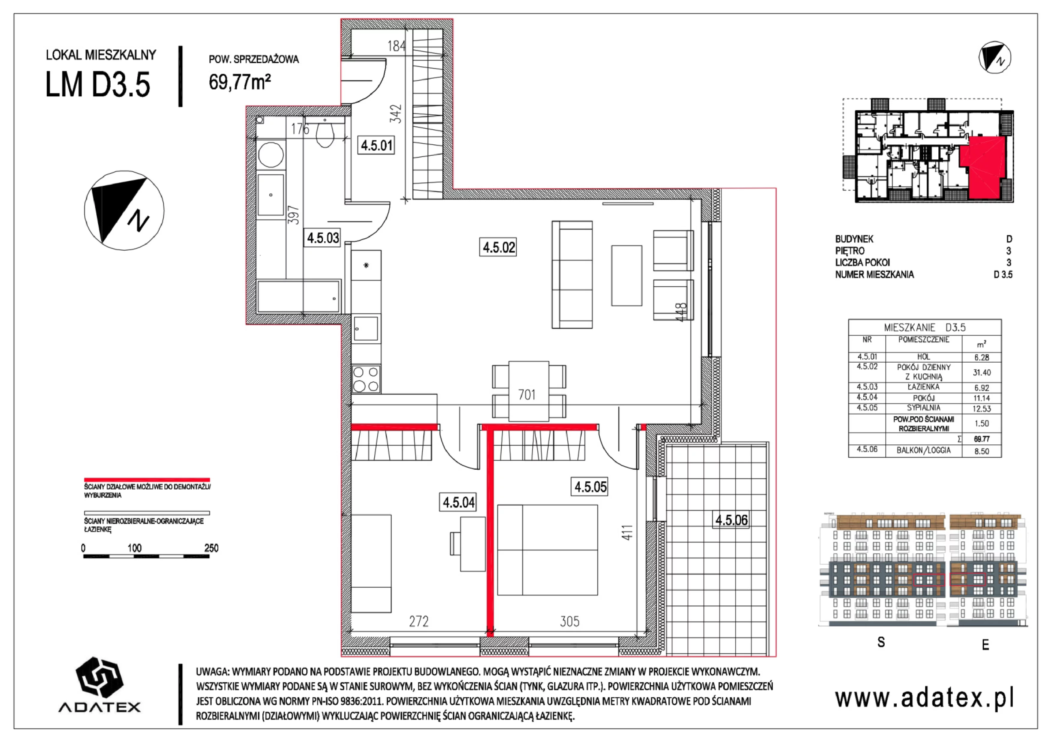 3 pokoje, mieszkanie 69,77 m², piętro 3, oferta nr D.3.5, Osiedle Nowa Dąbrowa, Dąbrowa Górnicza, Gołonóg, ul. Graniczna 14