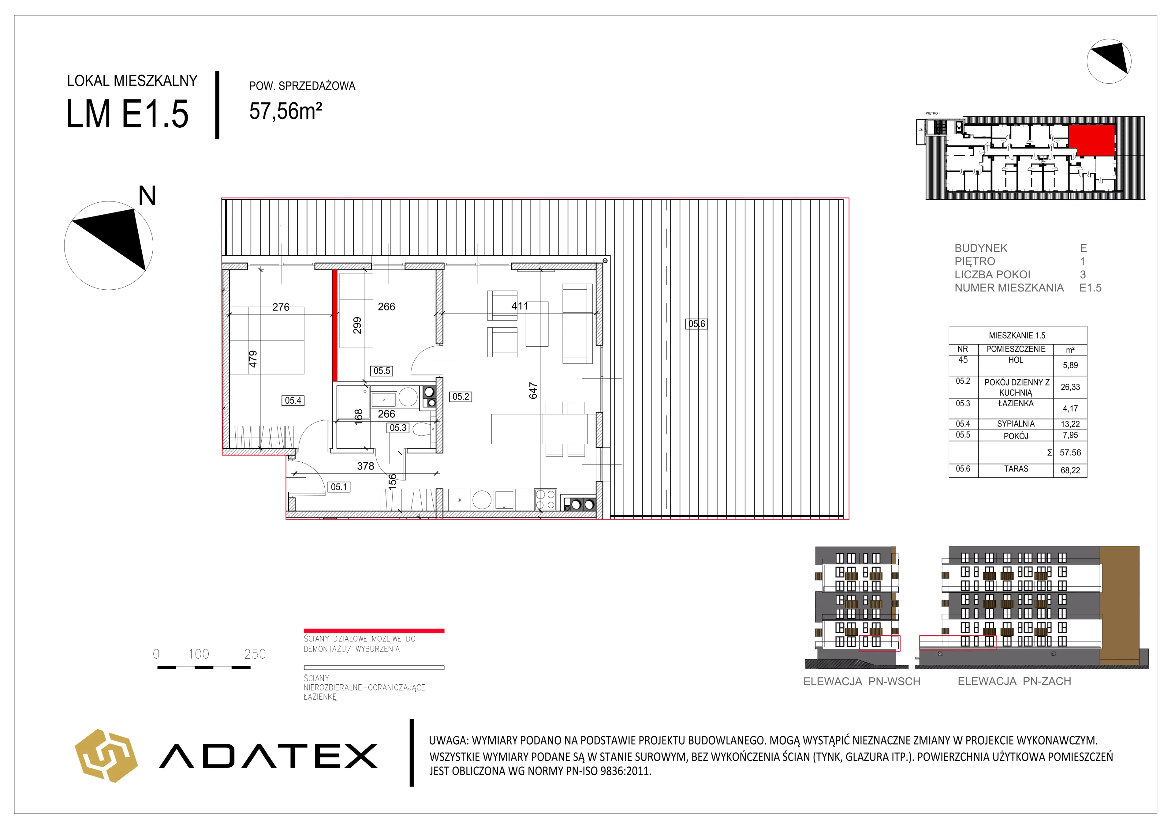 3 pokoje, mieszkanie 57,56 m², piętro 1, oferta nr E.1.5, Osiedle Nowa Dąbrowa, Dąbrowa Górnicza, Gołonóg, ul. Graniczna 14