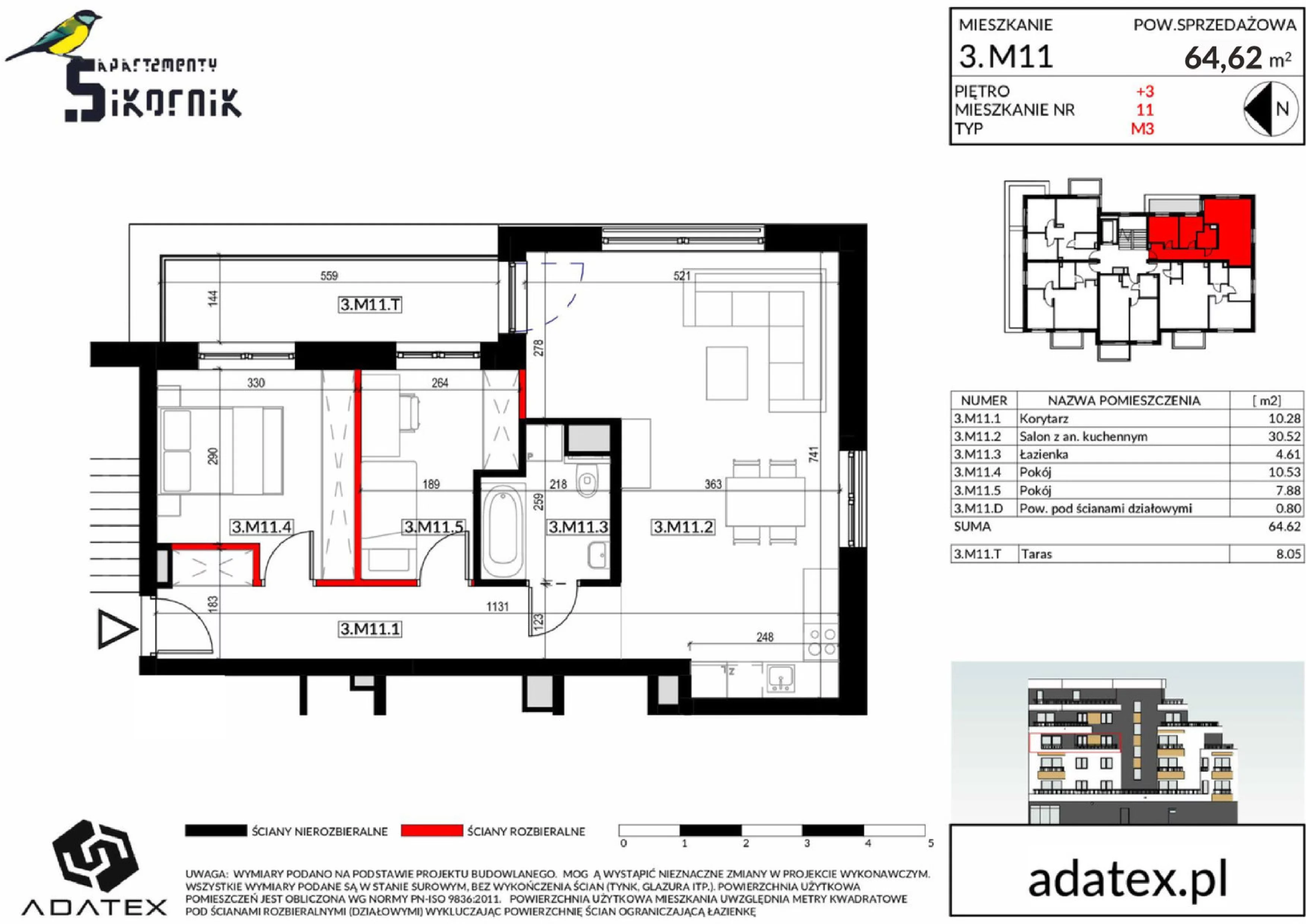 3 pokoje, mieszkanie 64,62 m², piętro 3, oferta nr M11, Apartamenty Sikornik - etap II, Gliwice, Sikornik, ul. Kormoranów 4c