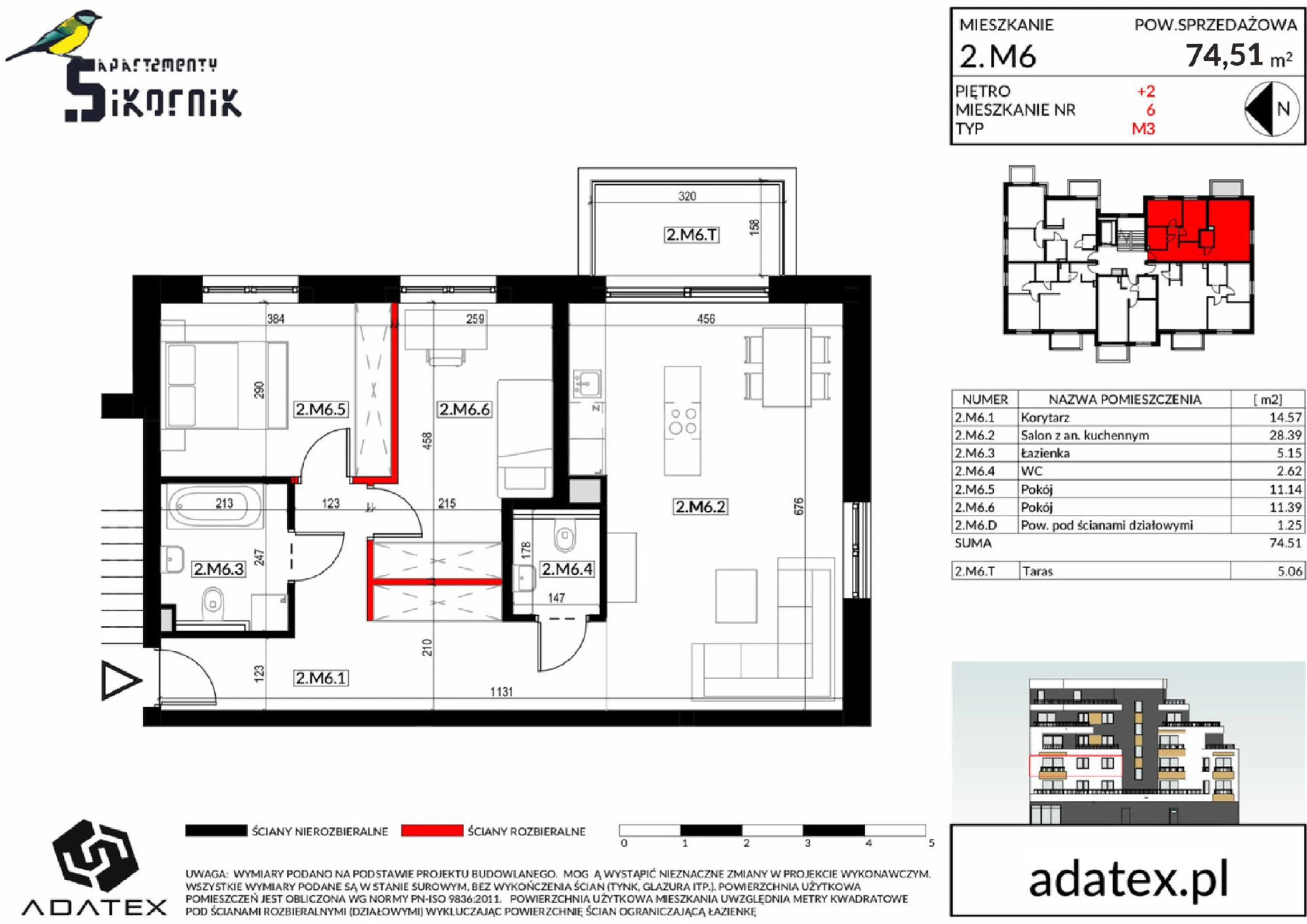 3 pokoje, mieszkanie 74,51 m², piętro 2, oferta nr M6, Apartamenty Sikornik - etap II, Gliwice, Sikornik, ul. Kormoranów 4c