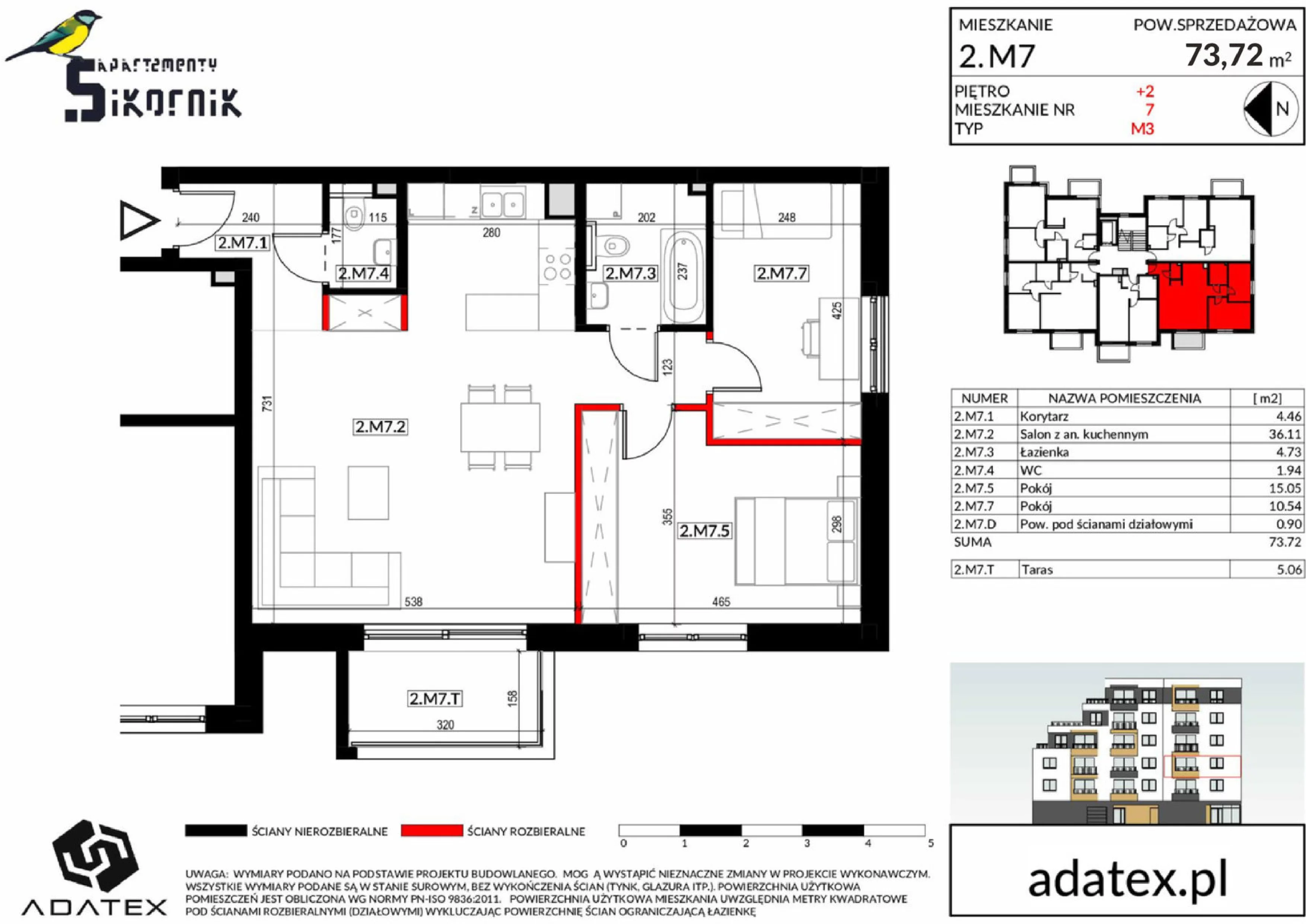 3 pokoje, mieszkanie 73,72 m², piętro 2, oferta nr M7, Apartamenty Sikornik - etap II, Gliwice, Sikornik, ul. Kormoranów 4c