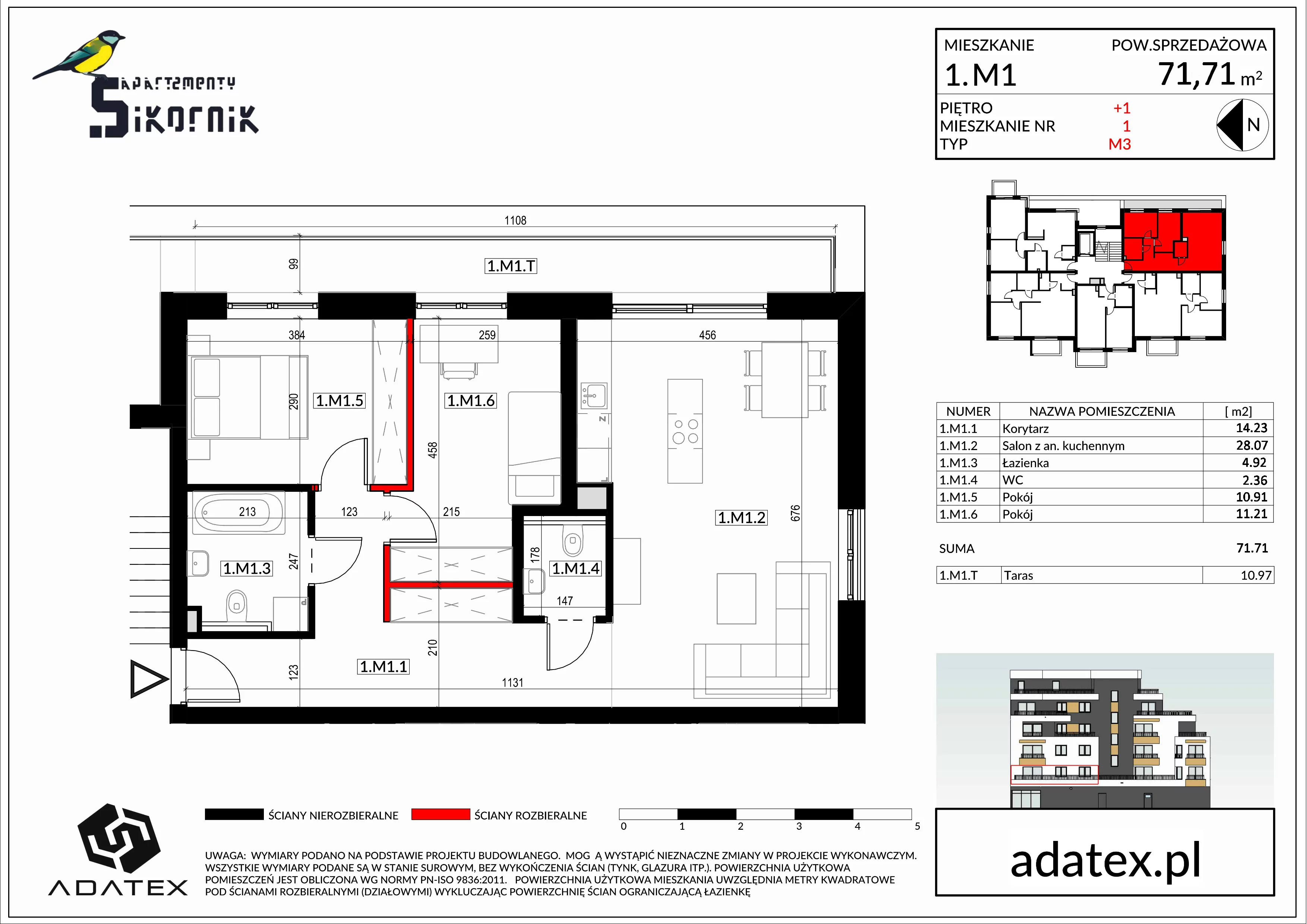 3 pokoje, mieszkanie 71,71 m², piętro 1, oferta nr M1, Apartamenty Sikornik - etap II, Gliwice, Sikornik, ul. Kormoranów 4c