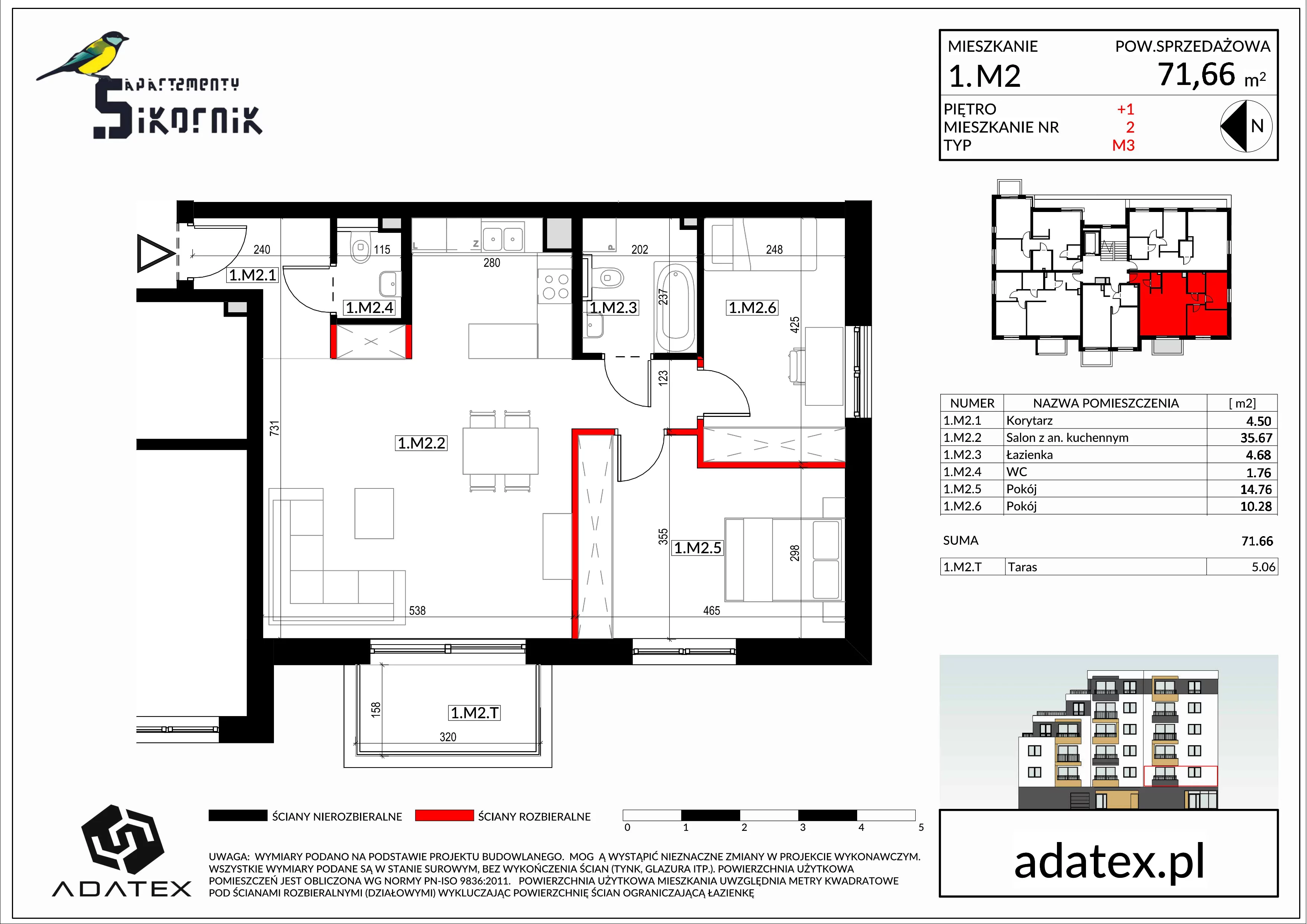 3 pokoje, mieszkanie 71,66 m², piętro 1, oferta nr M2, Apartamenty Sikornik - etap II, Gliwice, Sikornik, ul. Kormoranów 4c