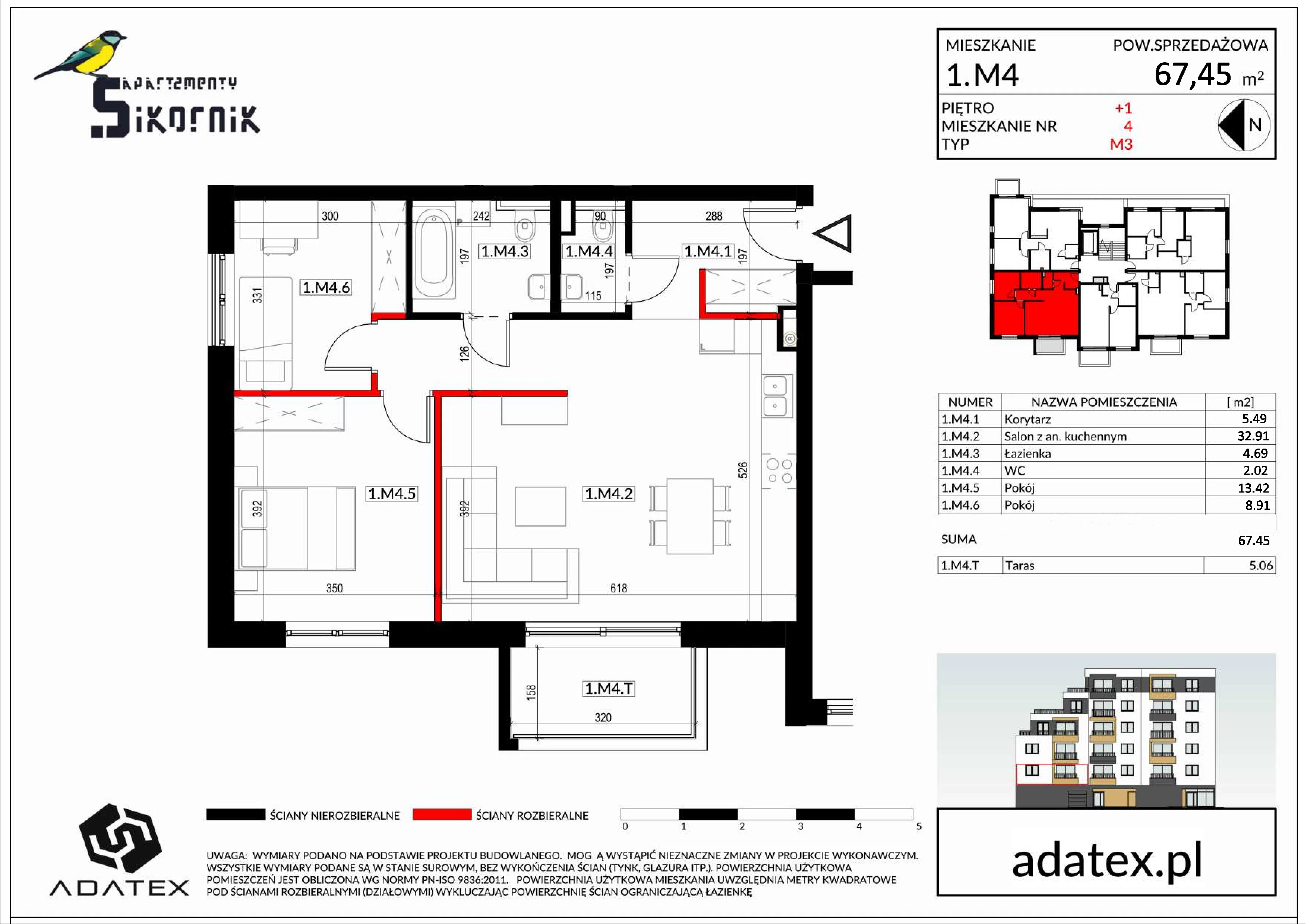 3 pokoje, mieszkanie 67,45 m², piętro 1, oferta nr M4, Apartamenty Sikornik - etap II, Gliwice, Sikornik, ul. Kormoranów 4c