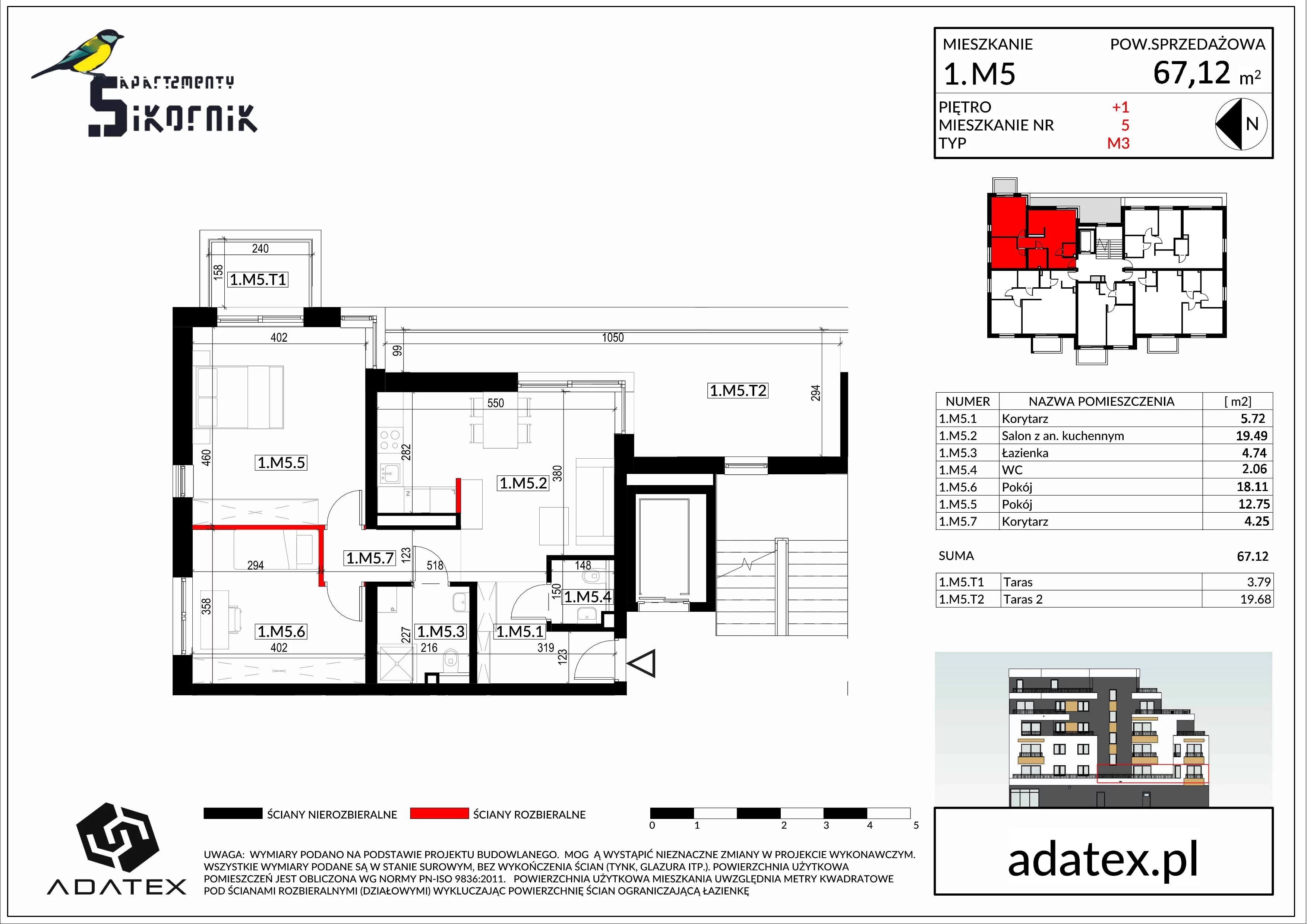 3 pokoje, mieszkanie 67,12 m², piętro 1, oferta nr M5, Apartamenty Sikornik - etap II, Gliwice, Sikornik, ul. Kormoranów 4c