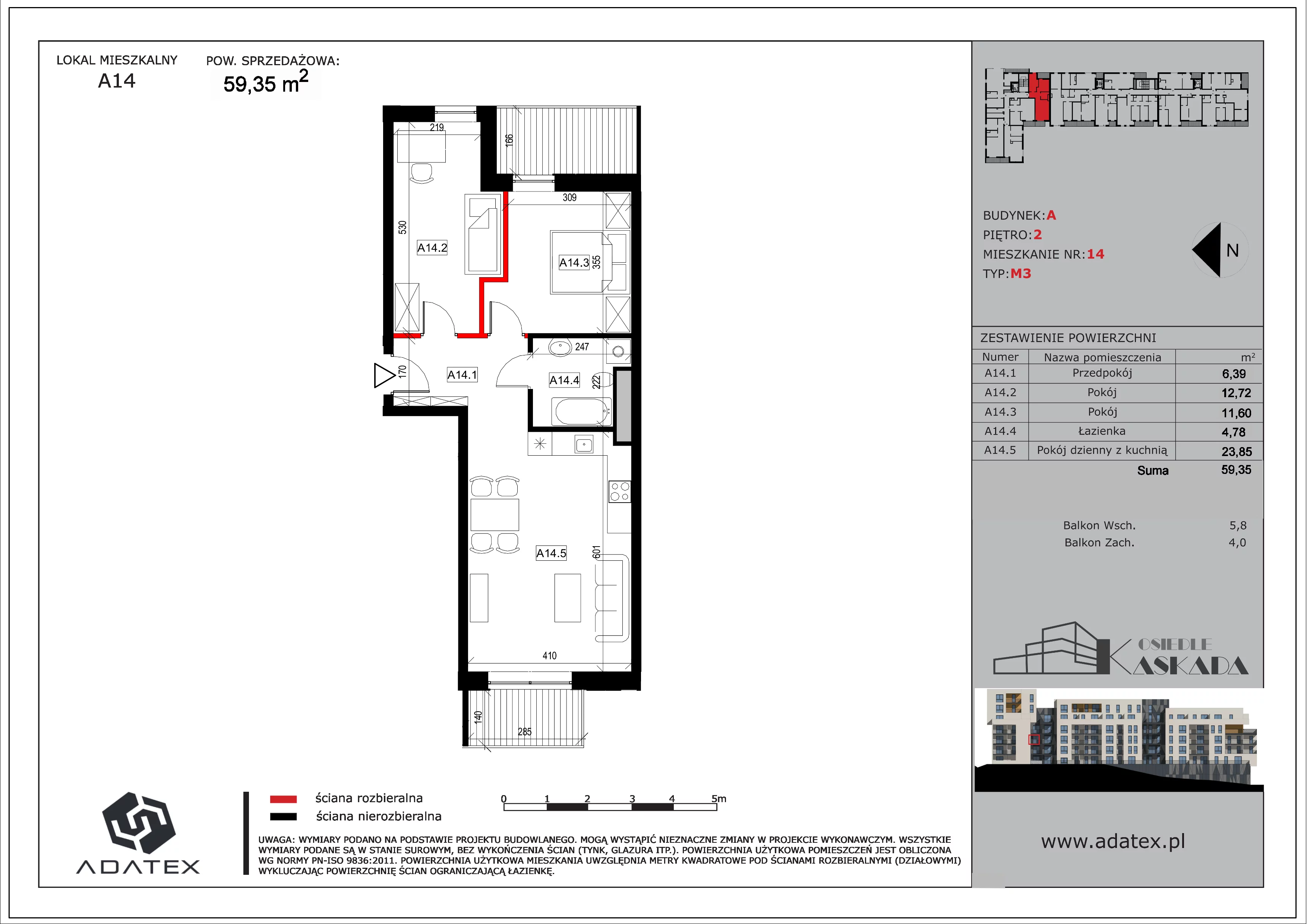 3 pokoje, mieszkanie 59,35 m², piętro 2, oferta nr A14, Osiedle Kaskada, Zabrze, Osiedle Tadeusza Kotarbińskiego, ul. Mieczysława Niedziałkowskiego 56