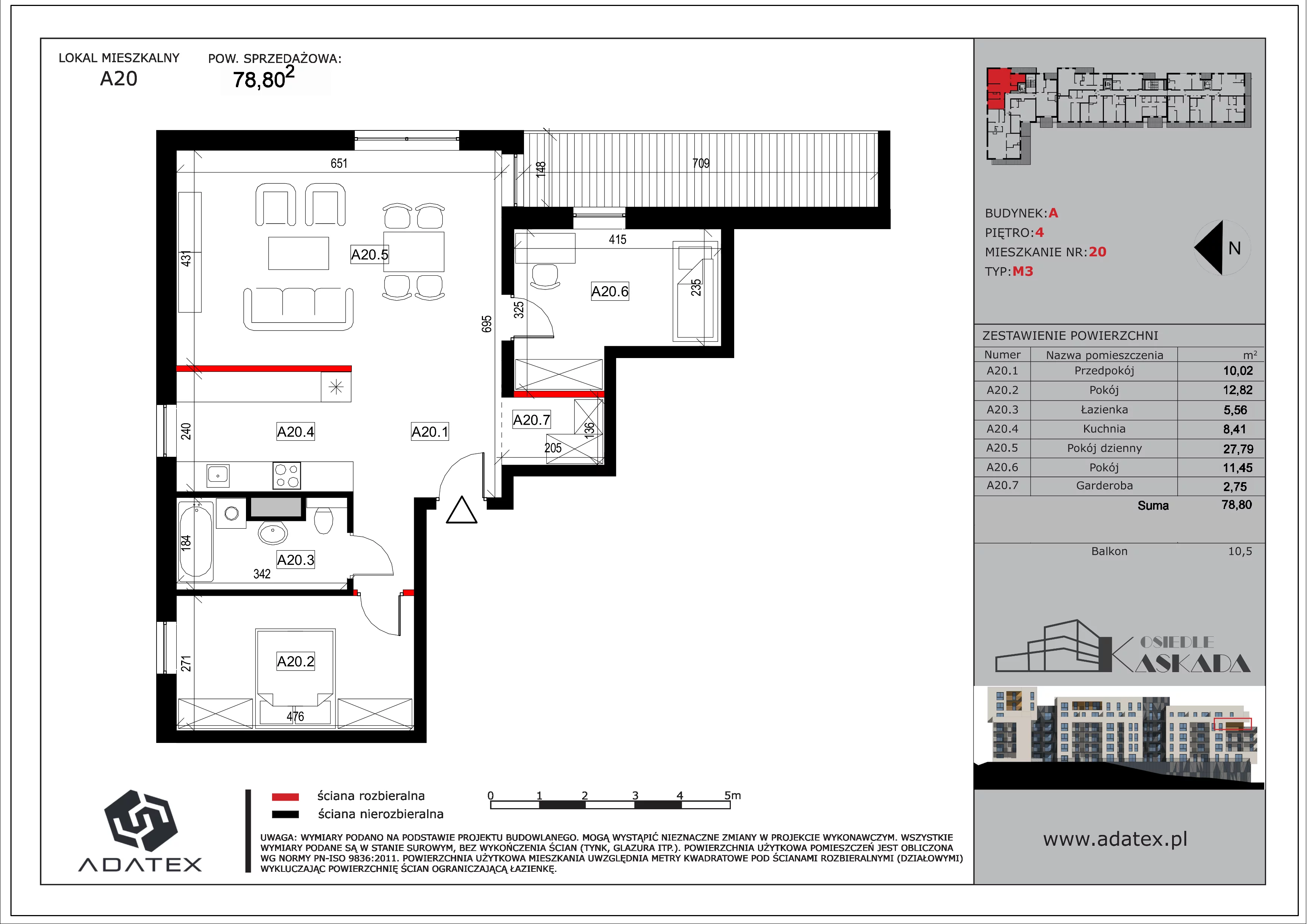 3 pokoje, mieszkanie 78,80 m², piętro 4, oferta nr A20, Osiedle Kaskada, Zabrze, Osiedle Tadeusza Kotarbińskiego, ul. Mieczysława Niedziałkowskiego 56