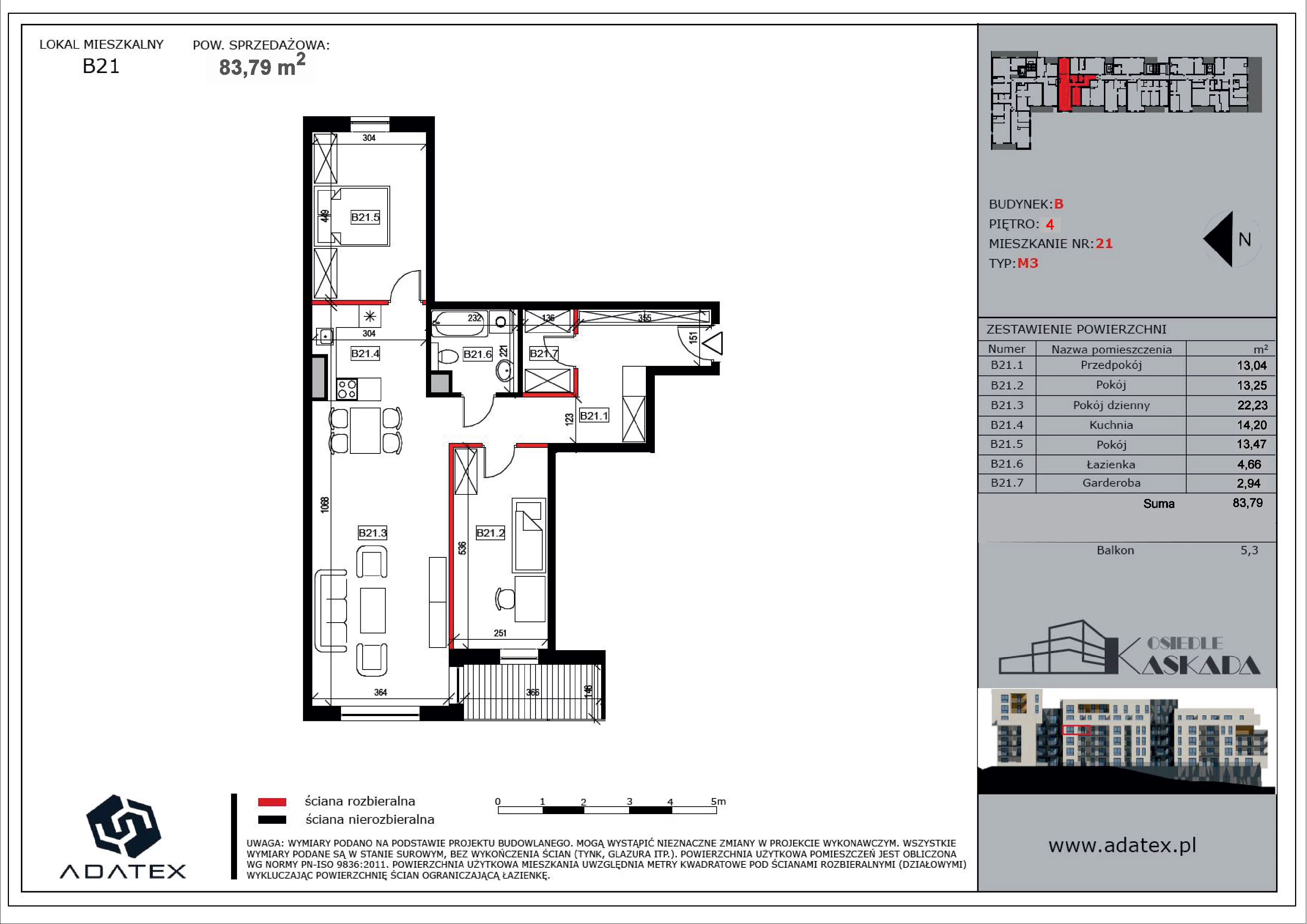 3 pokoje, mieszkanie 83,79 m², piętro 3, oferta nr B21, Osiedle Kaskada, Zabrze, Osiedle Tadeusza Kotarbińskiego, ul. Mieczysława Niedziałkowskiego 56