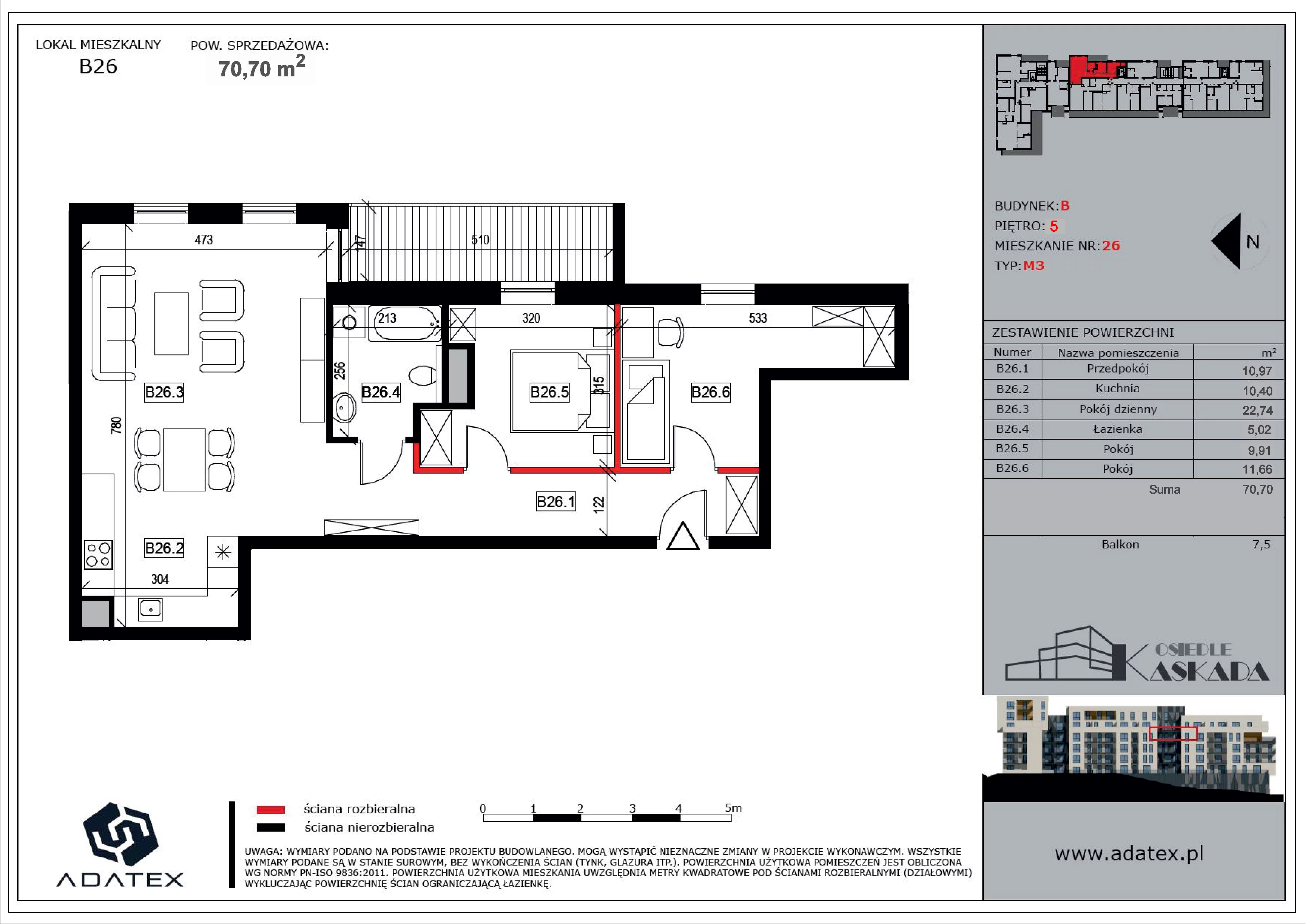 3 pokoje, mieszkanie 70,70 m², piętro 4, oferta nr B26, Osiedle Kaskada, Zabrze, Osiedle Tadeusza Kotarbińskiego, ul. Mieczysława Niedziałkowskiego 56