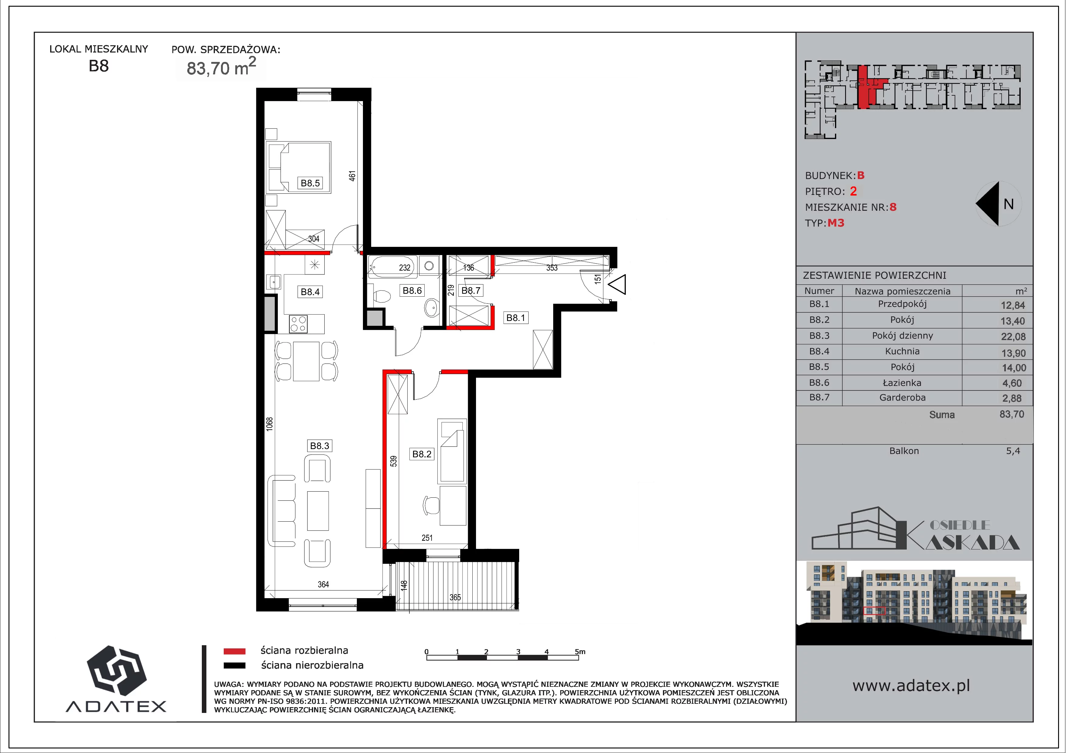 3 pokoje, mieszkanie 83,70 m², piętro 1, oferta nr B8, Osiedle Kaskada, Zabrze, Osiedle Tadeusza Kotarbińskiego, ul. Mieczysława Niedziałkowskiego 56