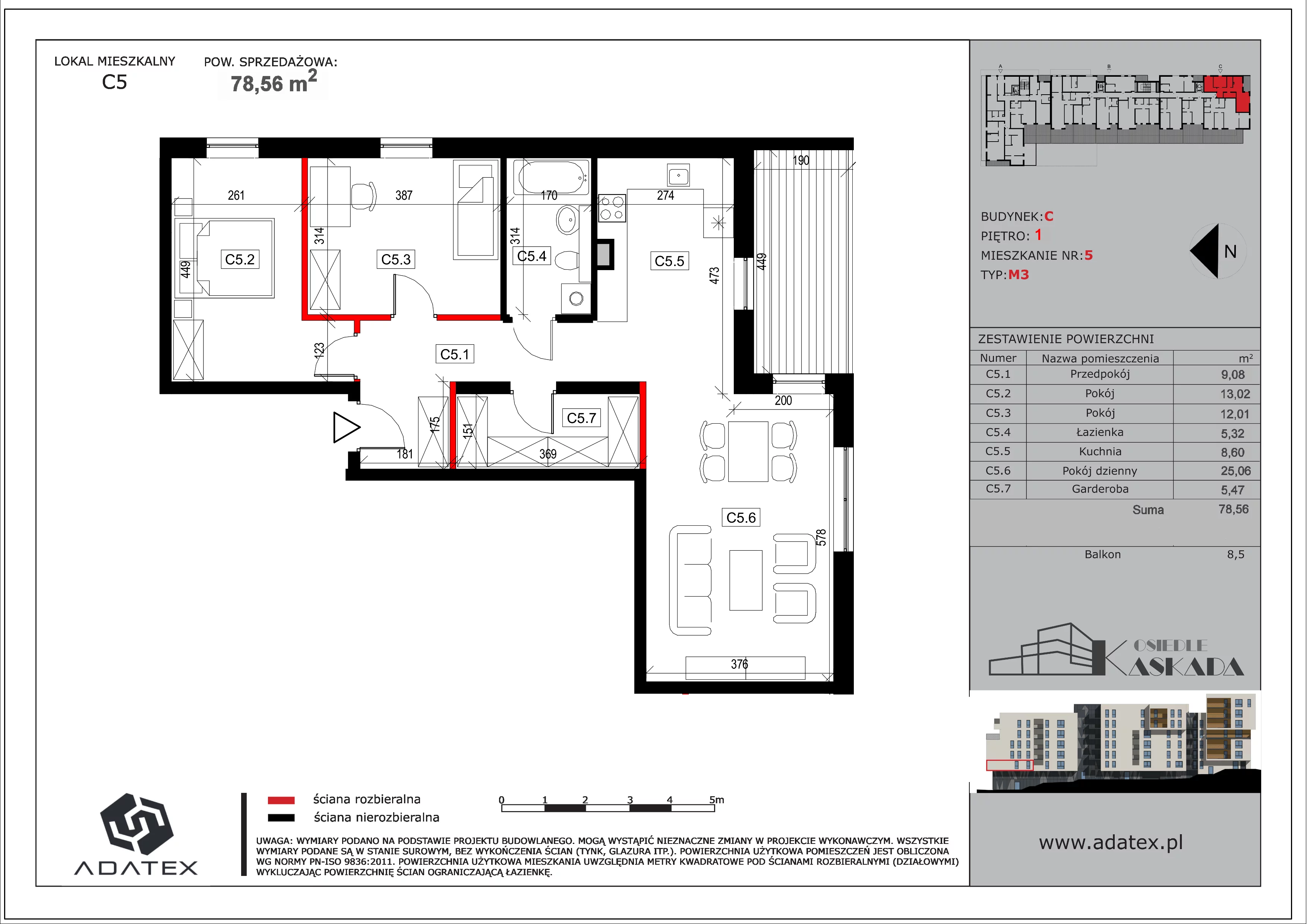 3 pokoje, mieszkanie 78,56 m², parter, oferta nr C5, Osiedle Kaskada, Zabrze, Osiedle Tadeusza Kotarbińskiego, ul. Mieczysława Niedziałkowskiego 56