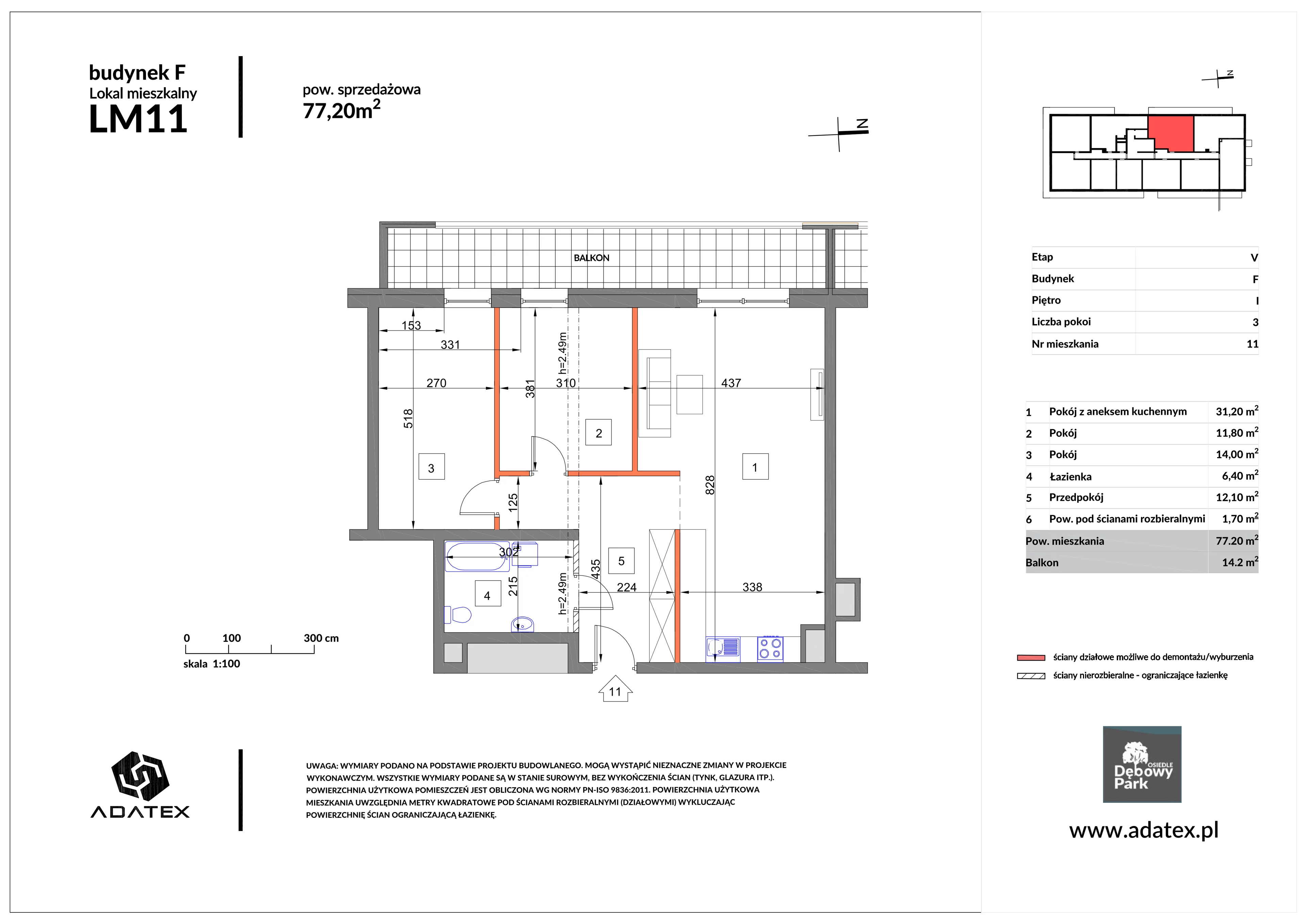 3 pokoje, mieszkanie 77,20 m², piętro 1, oferta nr F11, Osiedle Dębowy Park, Siemianowice Śląskie, Bytków, ul. Oświęcimska 7a