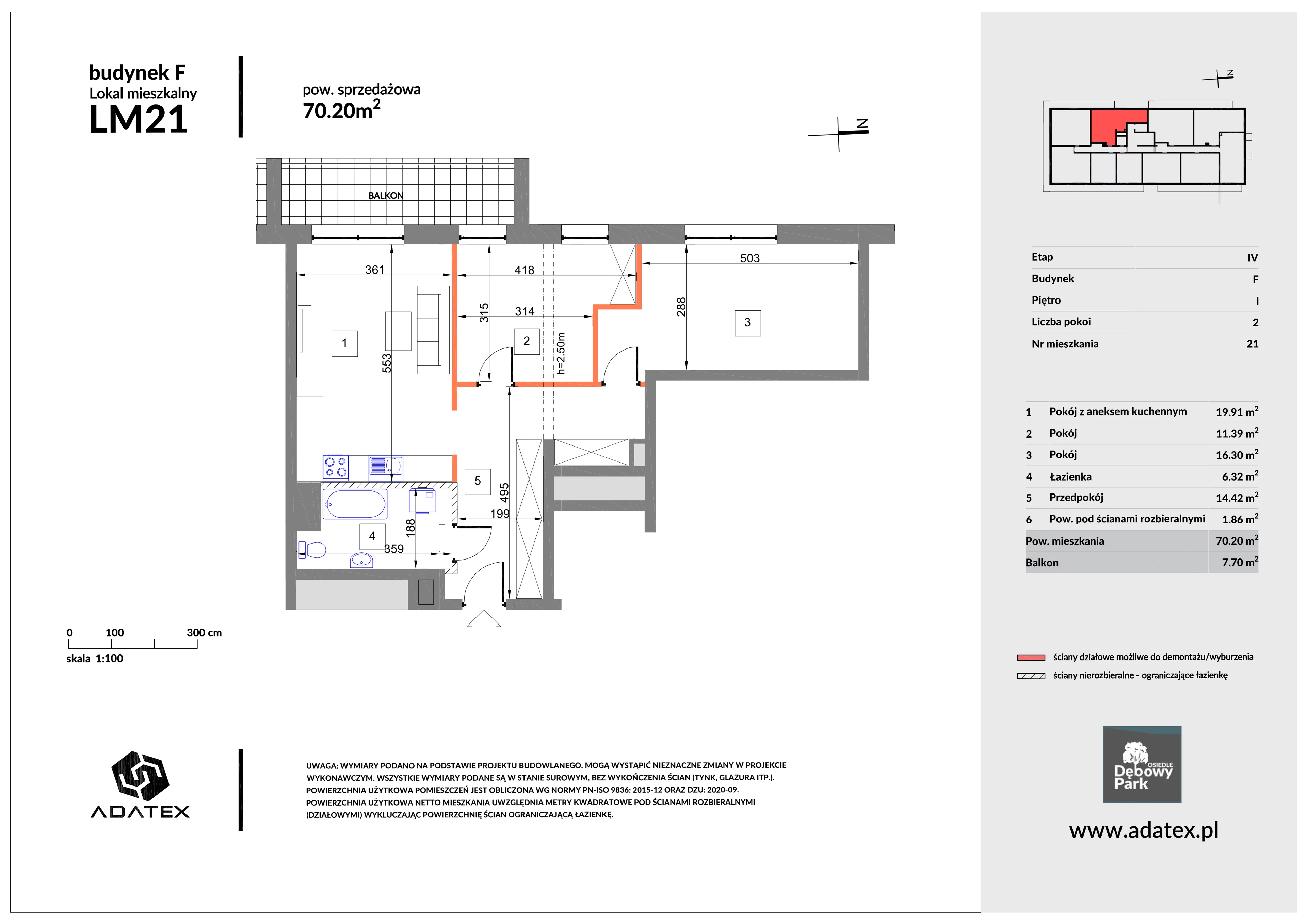 3 pokoje, mieszkanie 70,20 m², piętro 1, oferta nr F21, Osiedle Dębowy Park, Siemianowice Śląskie, Bytków, ul. Oświęcimska 7a