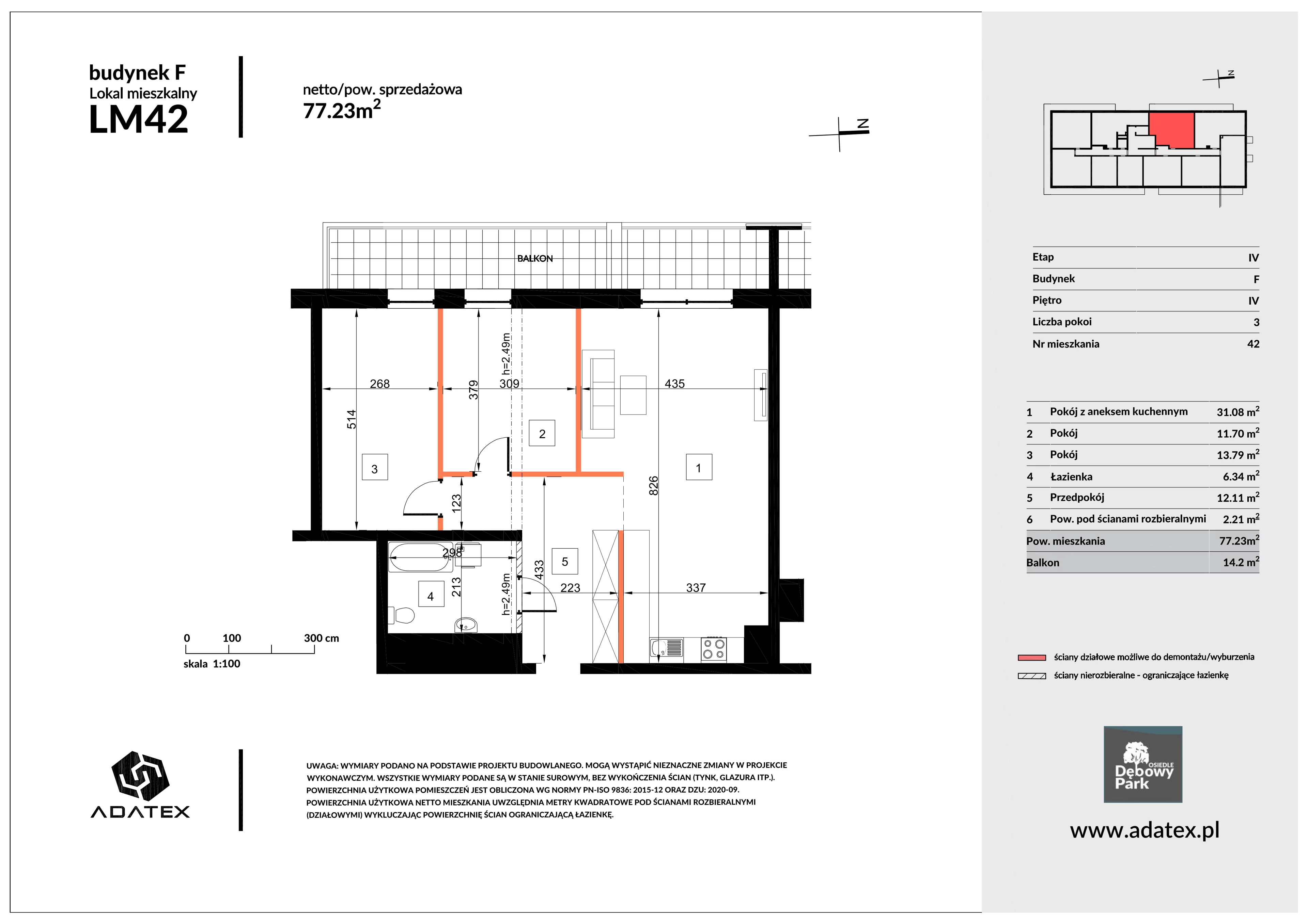 3 pokoje, mieszkanie 77,23 m², piętro 4, oferta nr F42, Osiedle Dębowy Park, Siemianowice Śląskie, Bytków, ul. Oświęcimska 7a