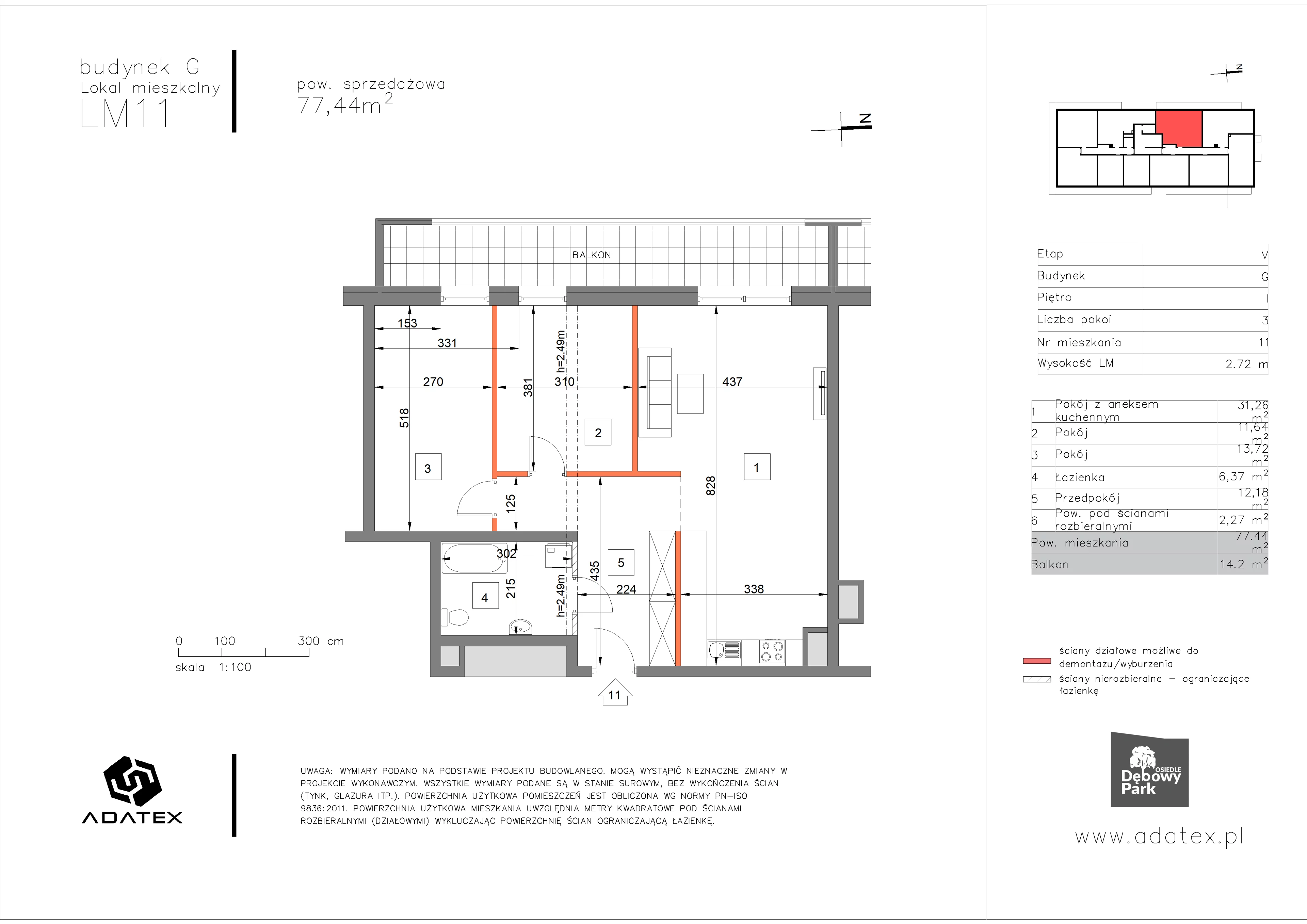 3 pokoje, mieszkanie 77,44 m², piętro 1, oferta nr G11, Osiedle Dębowy Park, Siemianowice Śląskie, Bytków, ul. Oświęcimska 7a