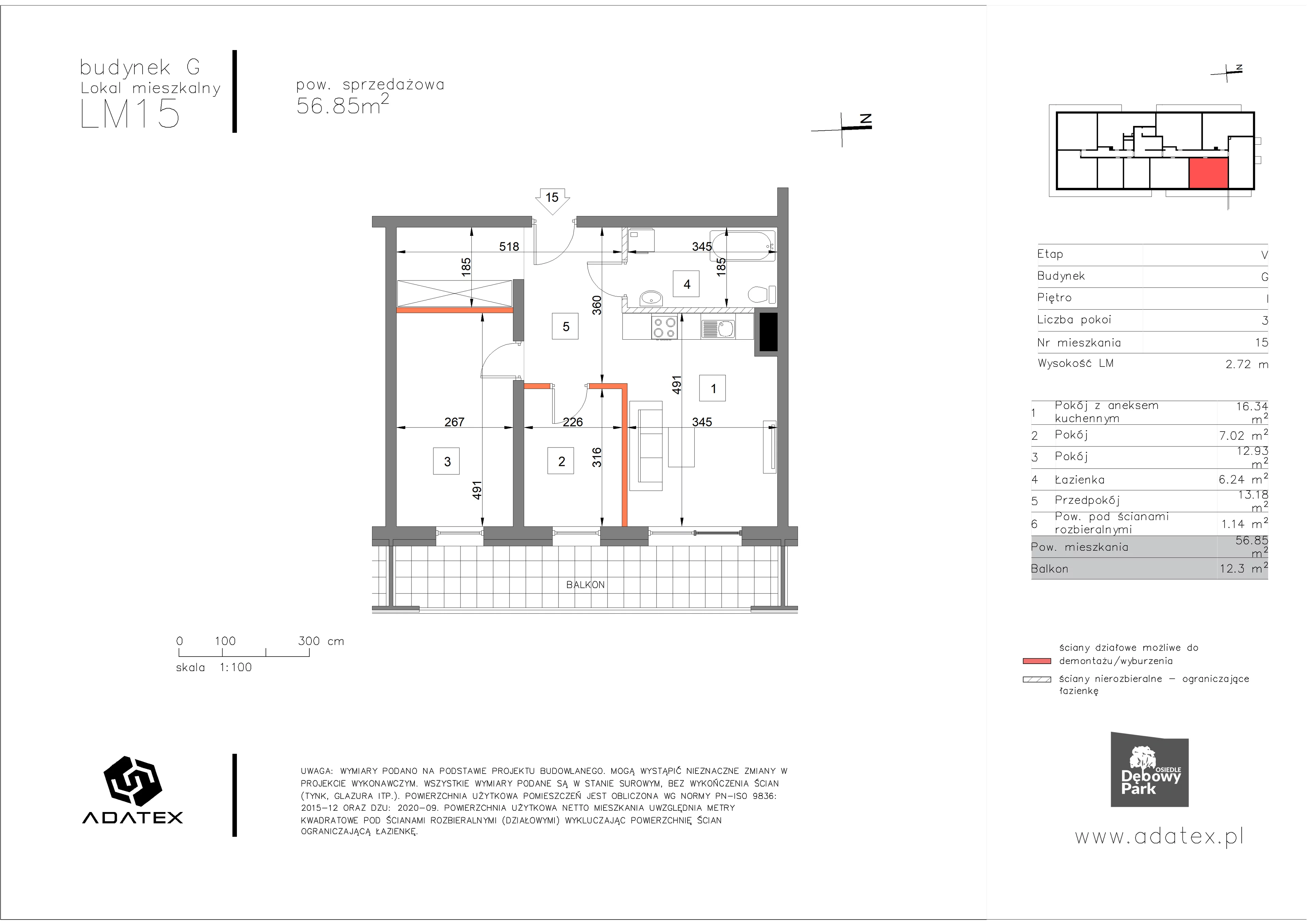 3 pokoje, mieszkanie 56,85 m², piętro 1, oferta nr G15, Osiedle Dębowy Park, Siemianowice Śląskie, Bytków, ul. Oświęcimska 7a