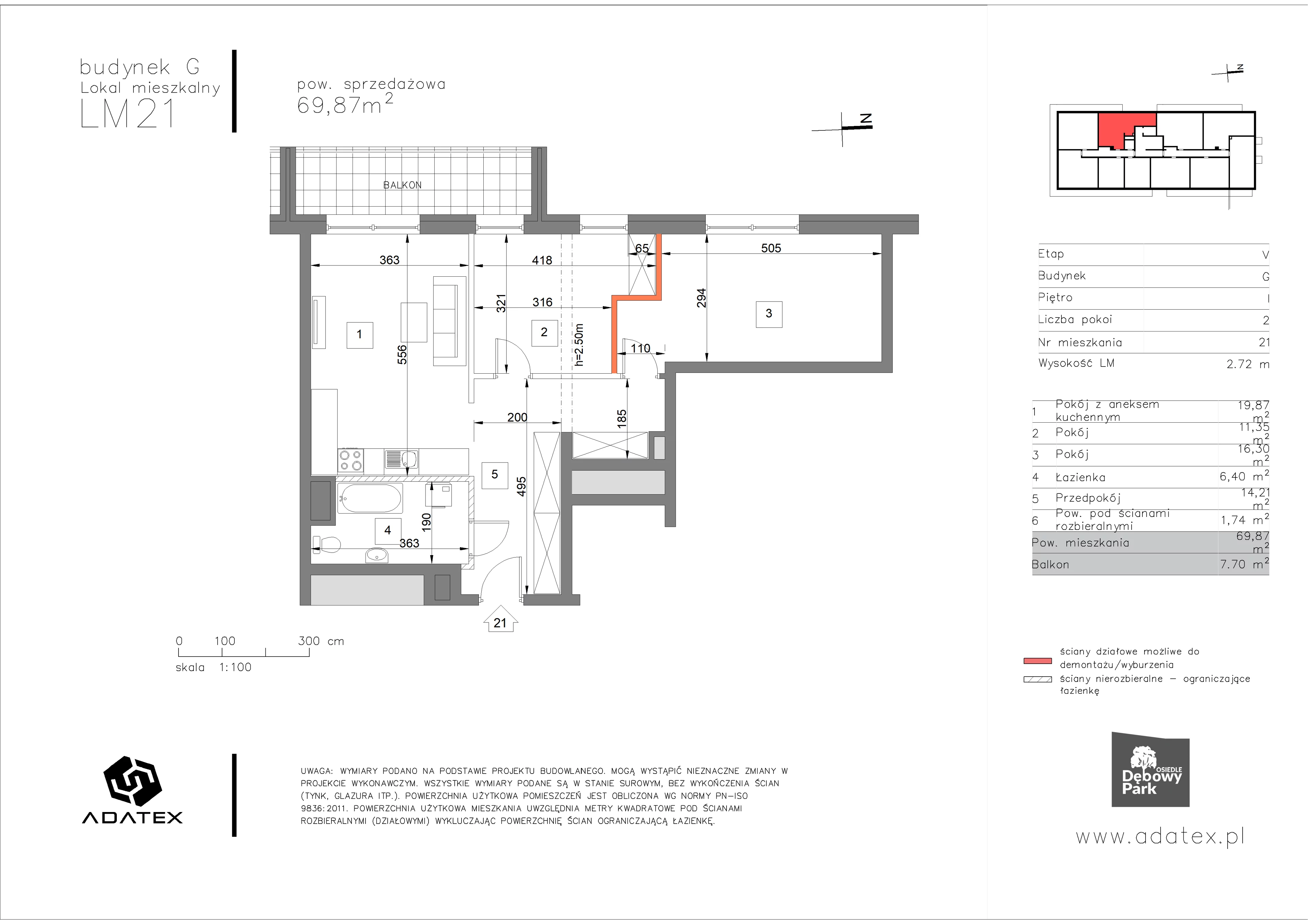 3 pokoje, mieszkanie 69,87 m², piętro 1, oferta nr G21, Osiedle Dębowy Park, Siemianowice Śląskie, Bytków, ul. Oświęcimska 7a