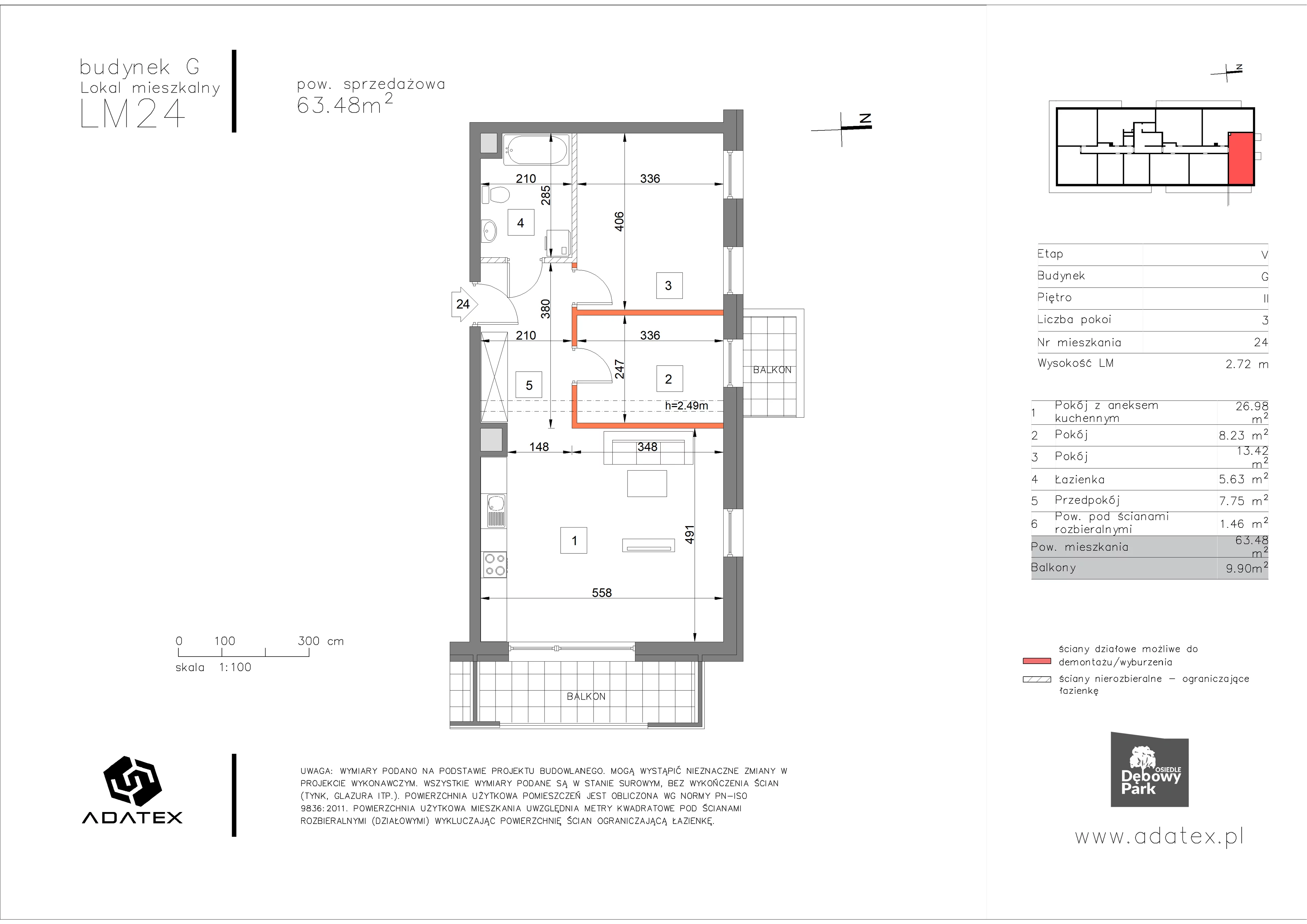 3 pokoje, mieszkanie 63,48 m², piętro 2, oferta nr G24, Osiedle Dębowy Park, Siemianowice Śląskie, Bytków, ul. Oświęcimska 7a